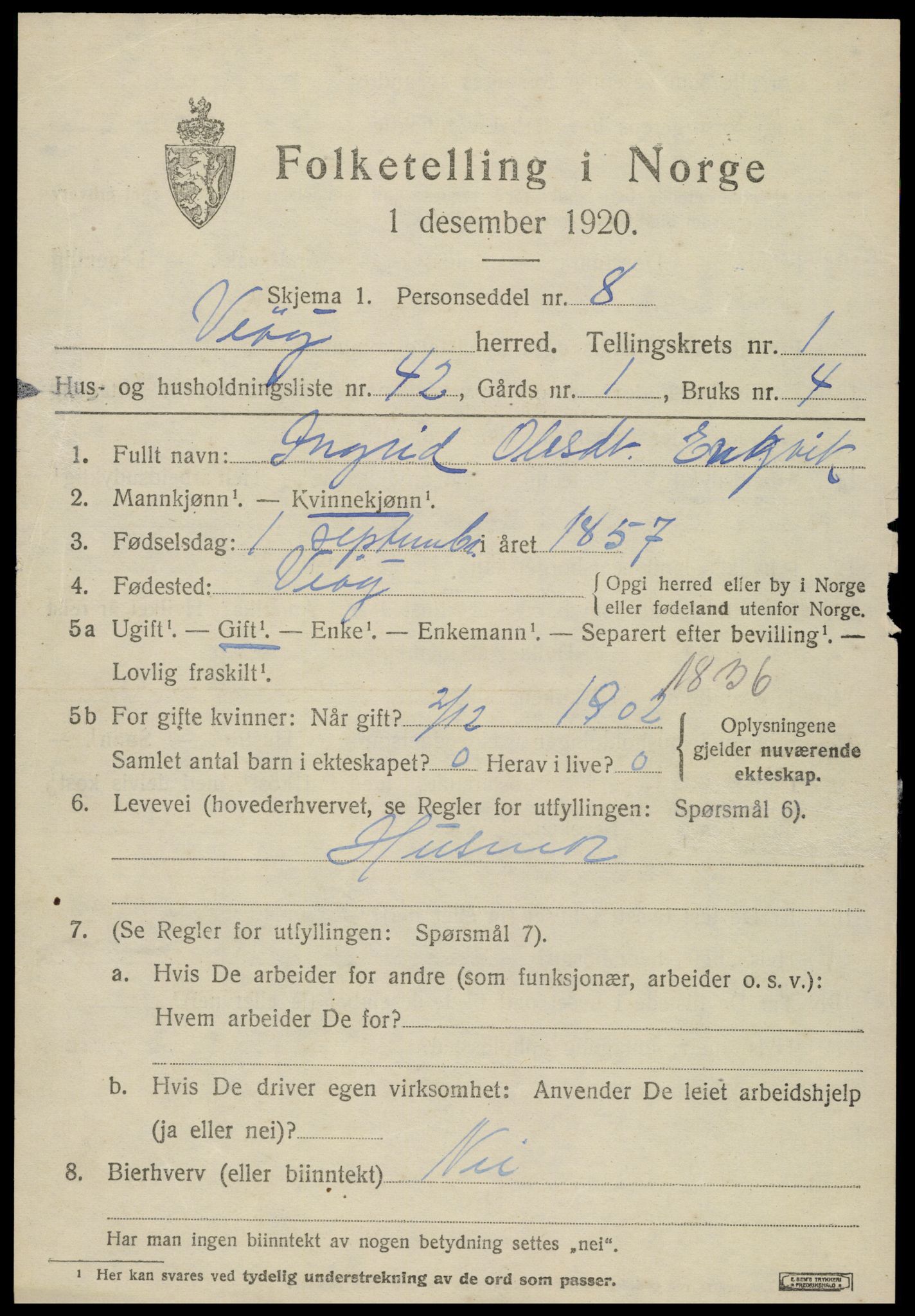 SAT, 1920 census for Veøy, 1920, p. 1257