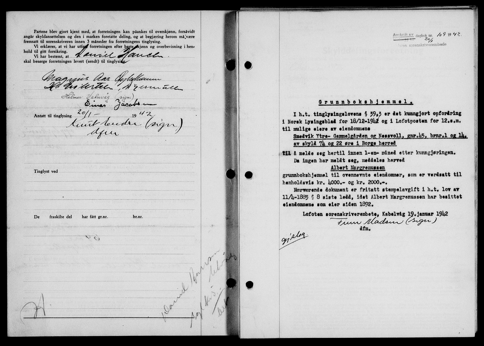 Lofoten sorenskriveri, SAT/A-0017/1/2/2C/L0009a: Mortgage book no. 9a, 1941-1942, Diary no: : 109/1942