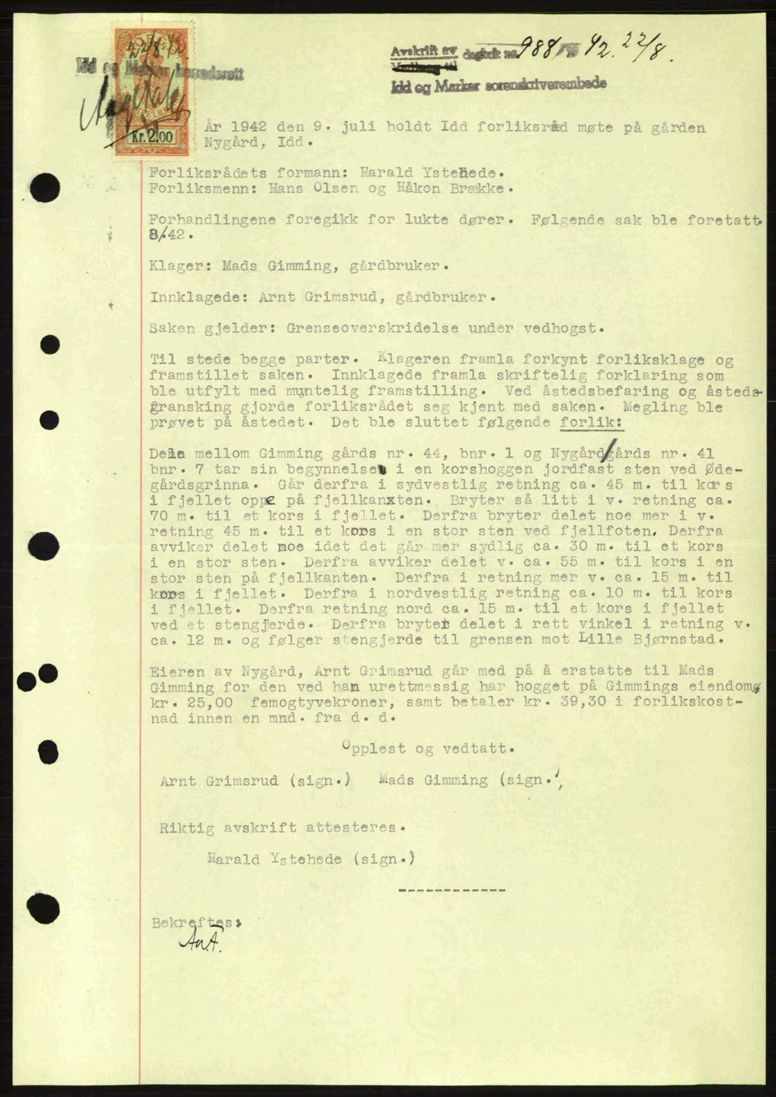 Idd og Marker sorenskriveri, AV/SAO-A-10283/G/Gb/Gbb/L0005: Mortgage book no. A5, 1941-1943, Diary no: : 988/1942