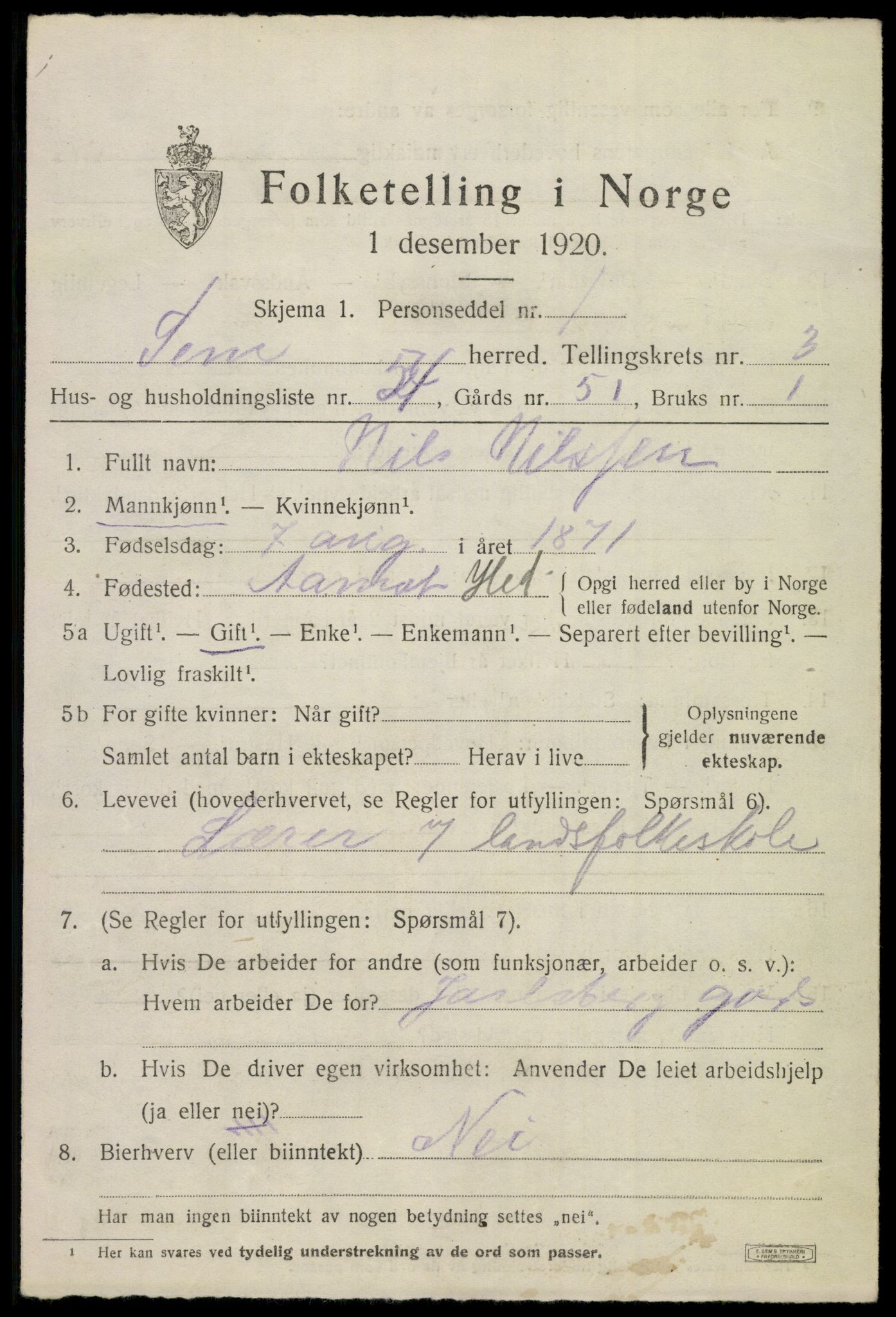 SAKO, 1920 census for Sem, 1920, p. 7063