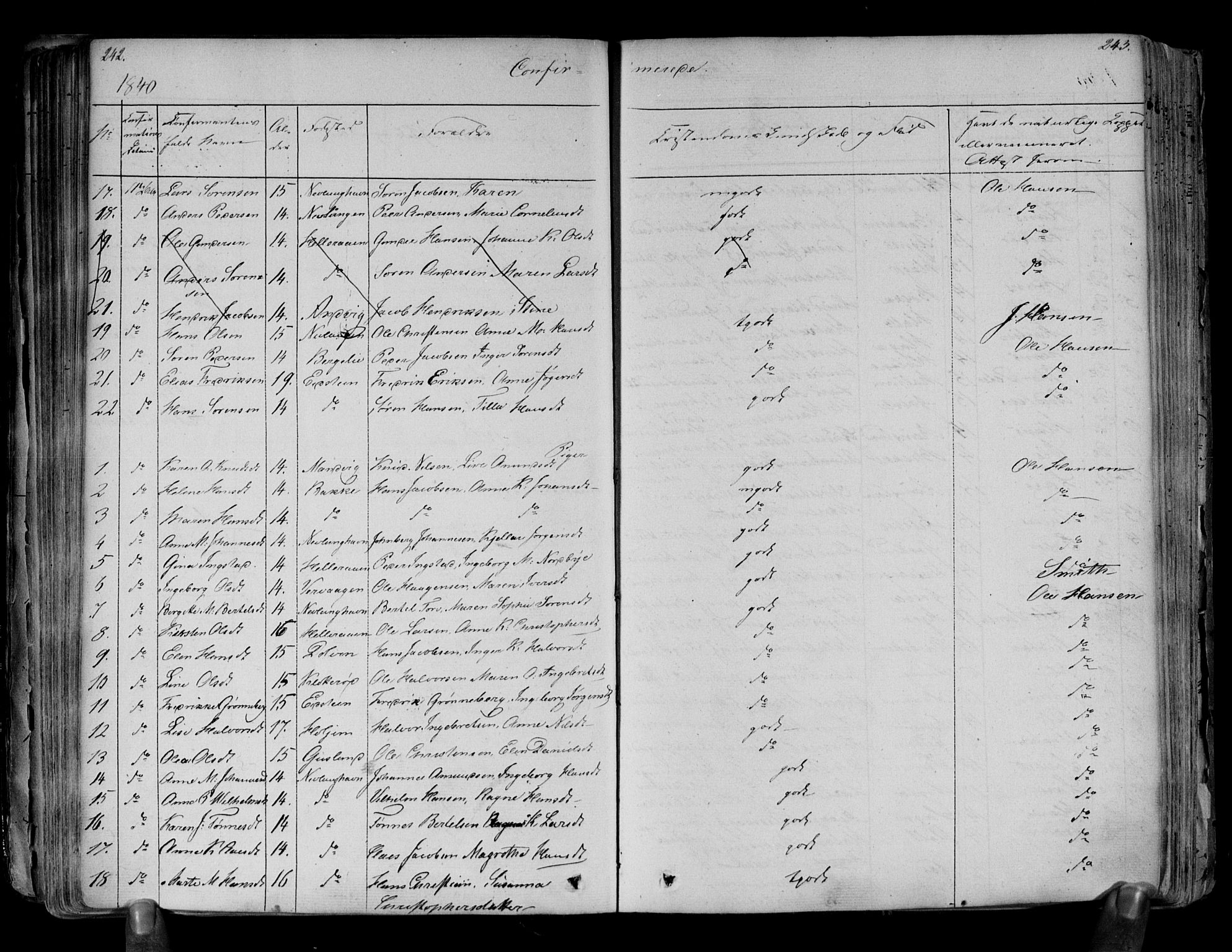 Brunlanes kirkebøker, AV/SAKO-A-342/F/Fa/L0003: Parish register (official) no. I 3, 1834-1845, p. 242-243