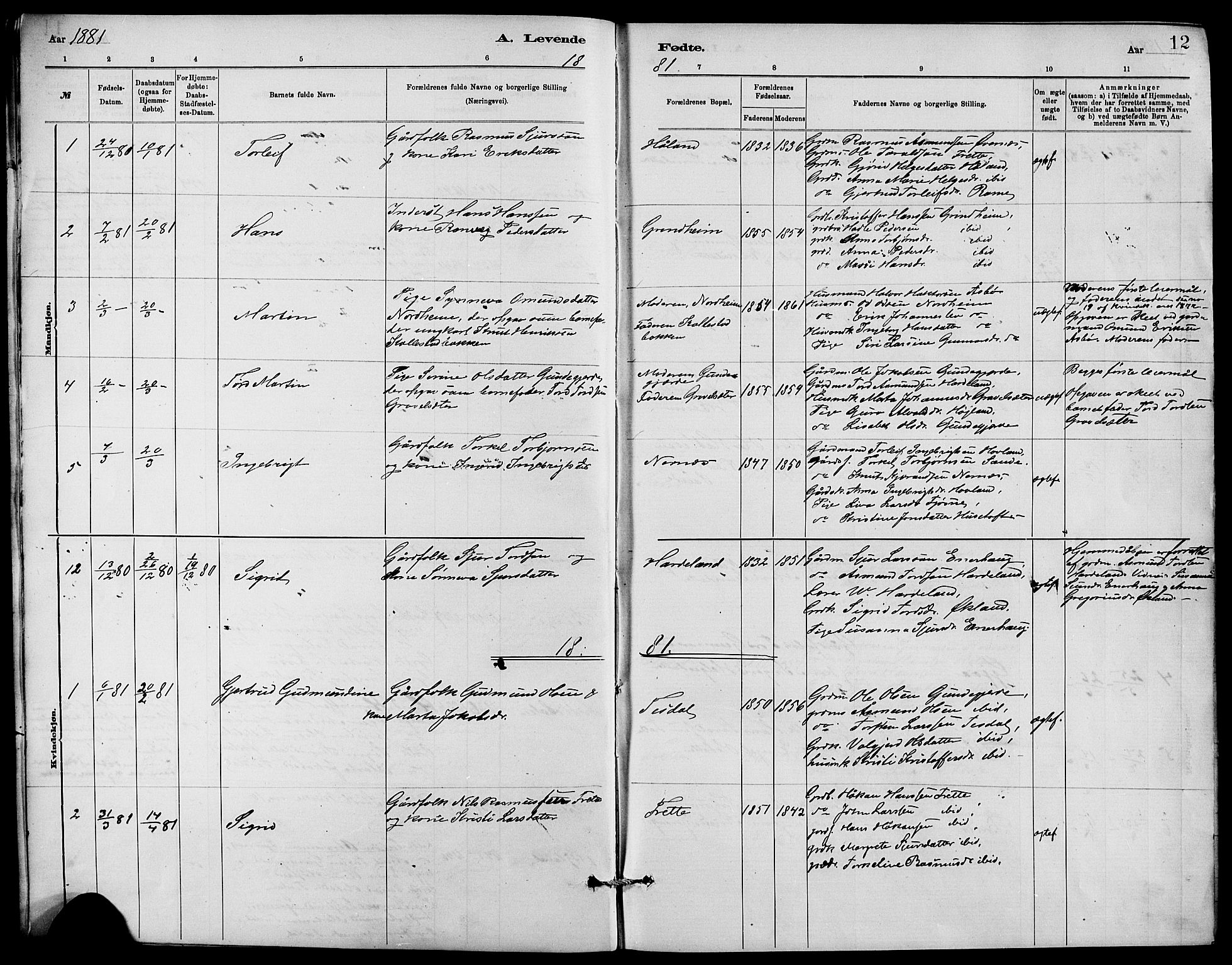 Etne sokneprestembete, SAB/A-75001/H/Hab: Parish register (copy) no. C 4, 1879-1896, p. 12