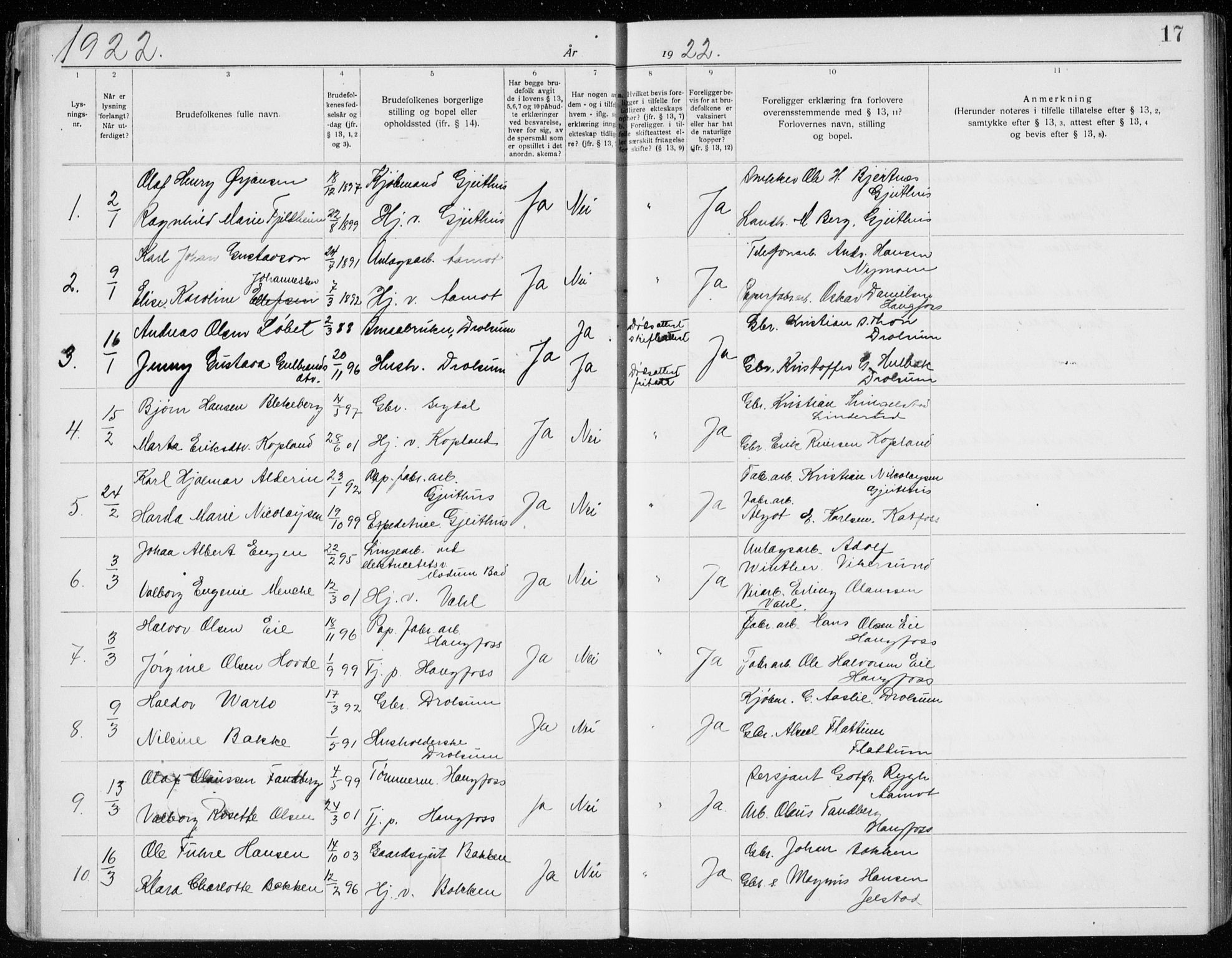 Modum kirkebøker, AV/SAKO-A-234/H/Ha/L0003: Banns register no. I 3, 1920-1934, p. 17