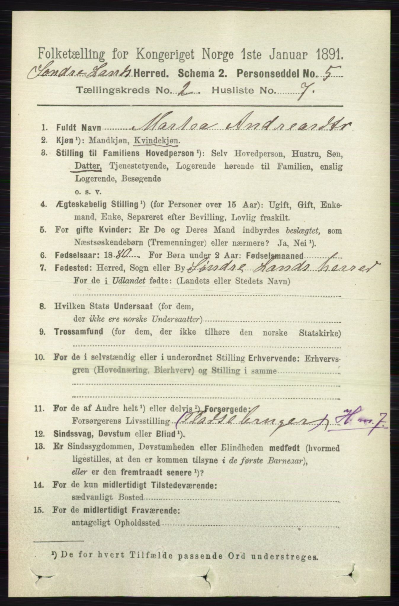 RA, 1891 census for 0536 Søndre Land, 1891, p. 1077