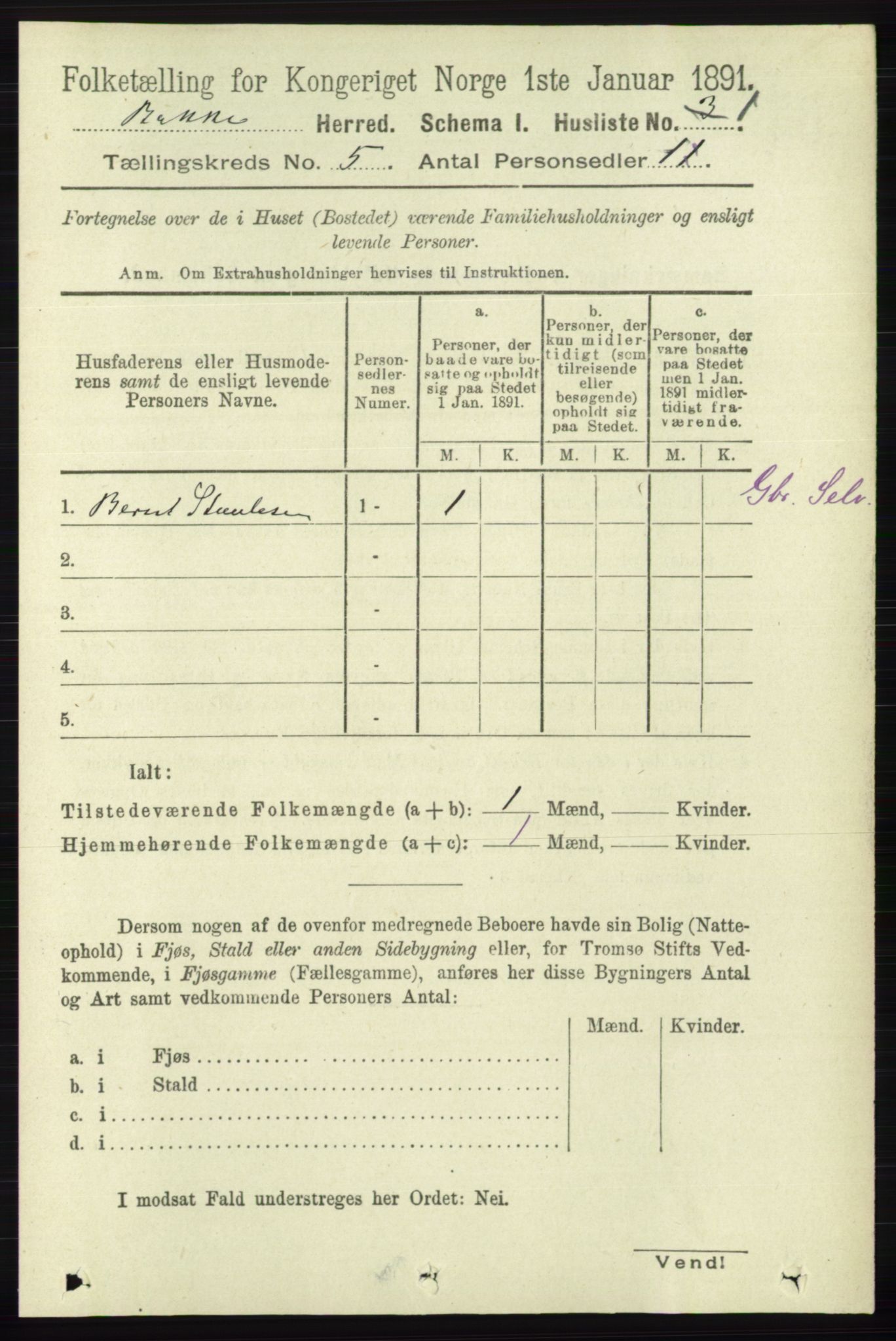 RA, 1891 census for 1045 Bakke, 1891, p. 1073