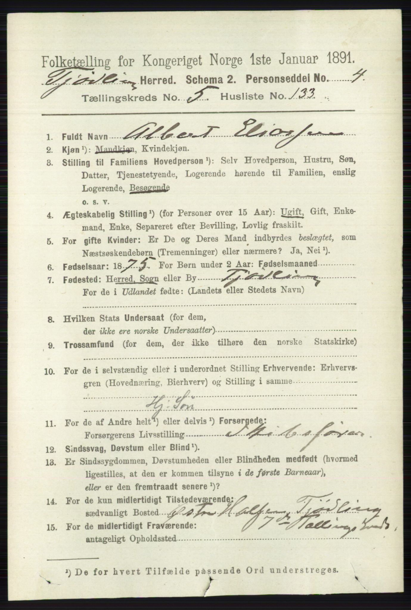 RA, 1891 census for 0725 Tjølling, 1891, p. 2787