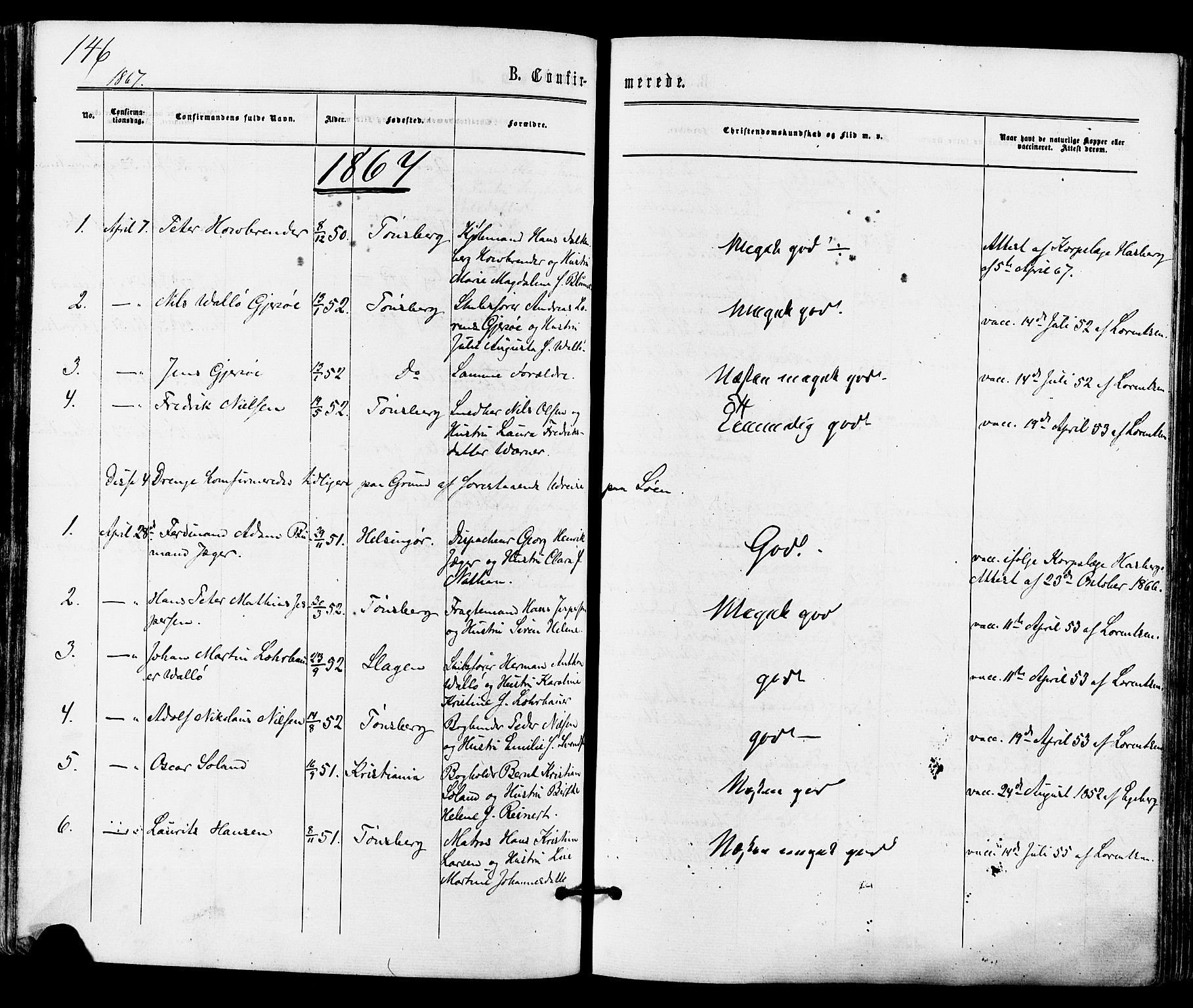 Tønsberg kirkebøker, SAKO/A-330/F/Fa/L0009: Parish register (official) no. I 9, 1865-1873, p. 146