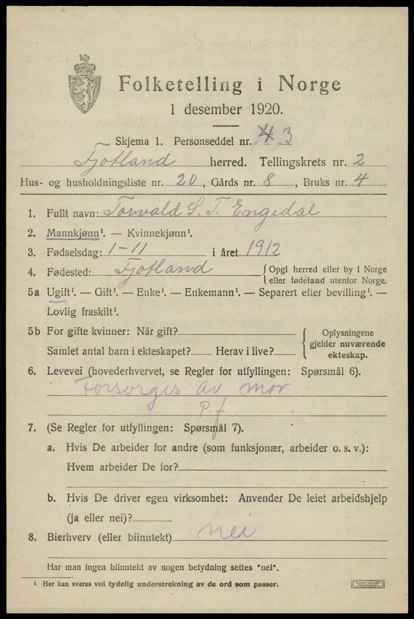 SAK, 1920 census for Fjotland, 1920, p. 898