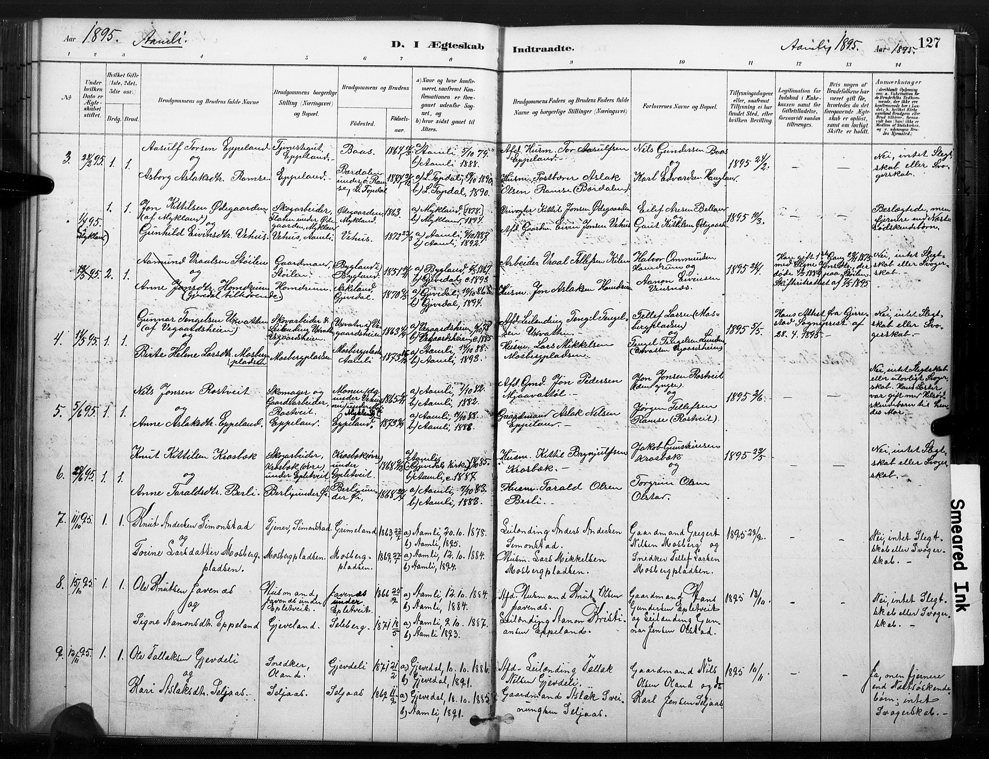 Åmli sokneprestkontor, SAK/1111-0050/F/Fa/Fac/L0010: Parish register (official) no. A 10 /1, 1885-1899, p. 127