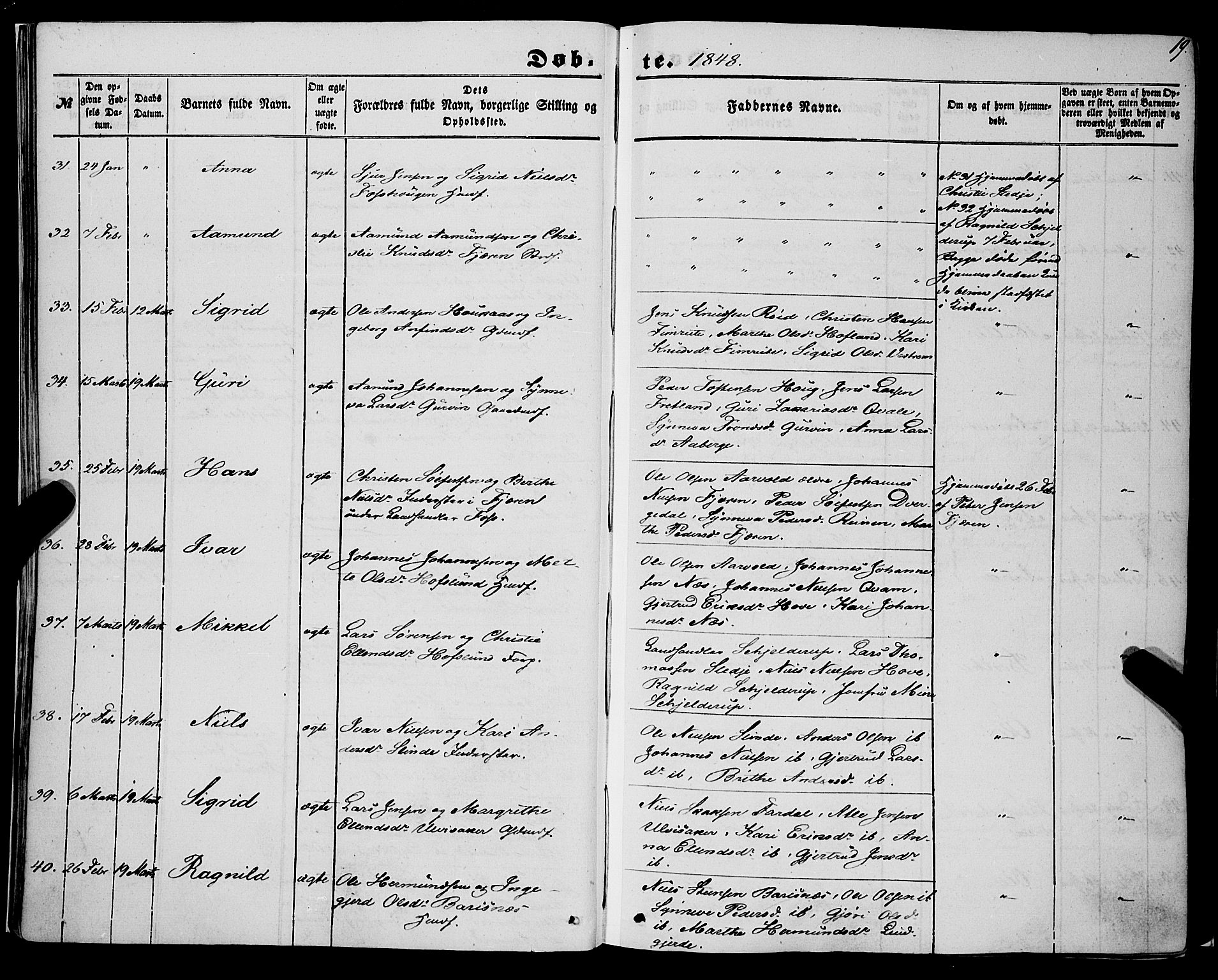 Sogndal sokneprestembete, SAB/A-81301/H/Haa/Haaa/L0012I: Parish register (official) no. A 12I, 1847-1859, p. 19