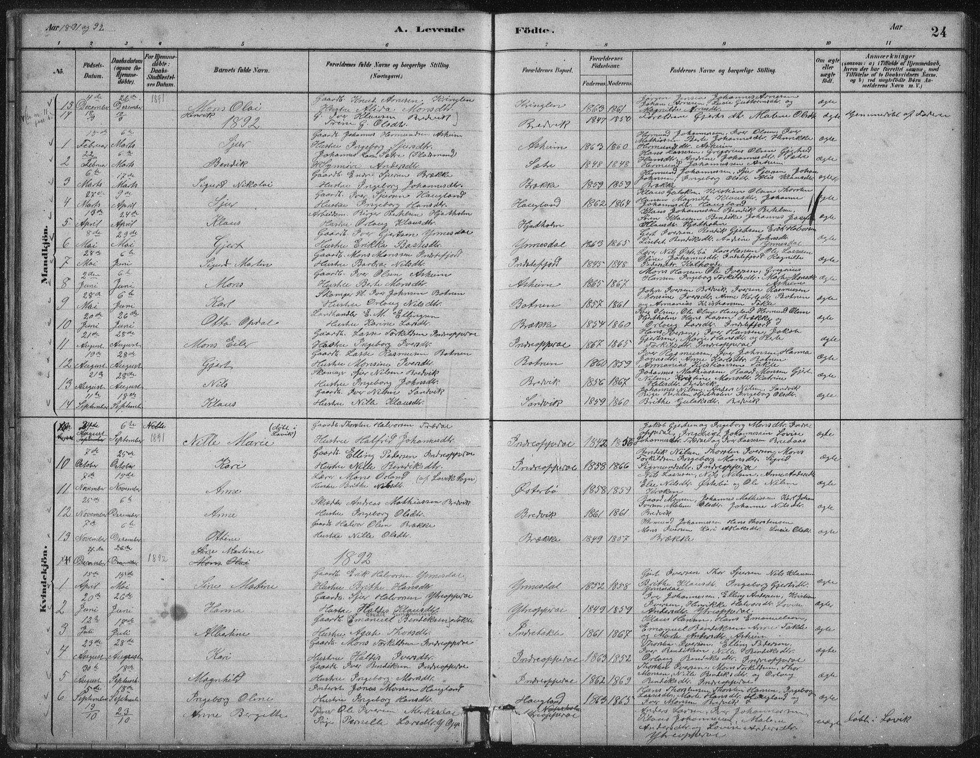 Gulen sokneprestembete, AV/SAB-A-80201/H/Hab/Habc/L0002: Parish register (copy) no. C 2, 1880-1938, p. 24