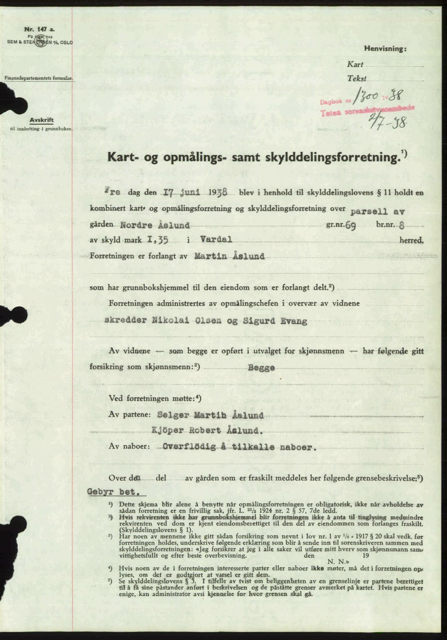 Toten tingrett, SAH/TING-006/H/Hb/Hbc/L0004: Mortgage book no. Hbc-04, 1938-1938, Diary no: : 1300/1938