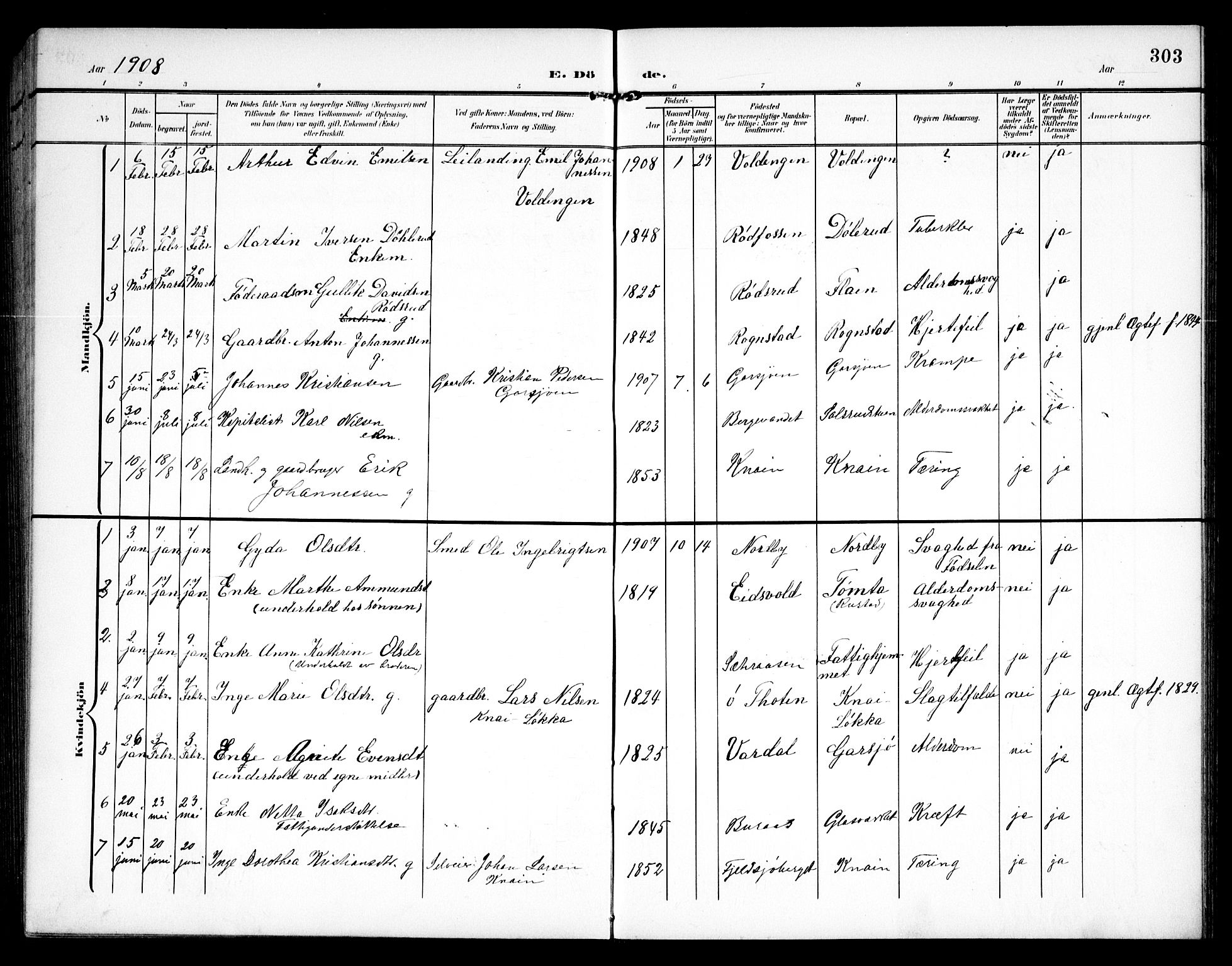 Hurdal prestekontor Kirkebøker, SAO/A-10889/G/Ga/L0001: Parish register (copy) no. I 1, 1902-1934, p. 303