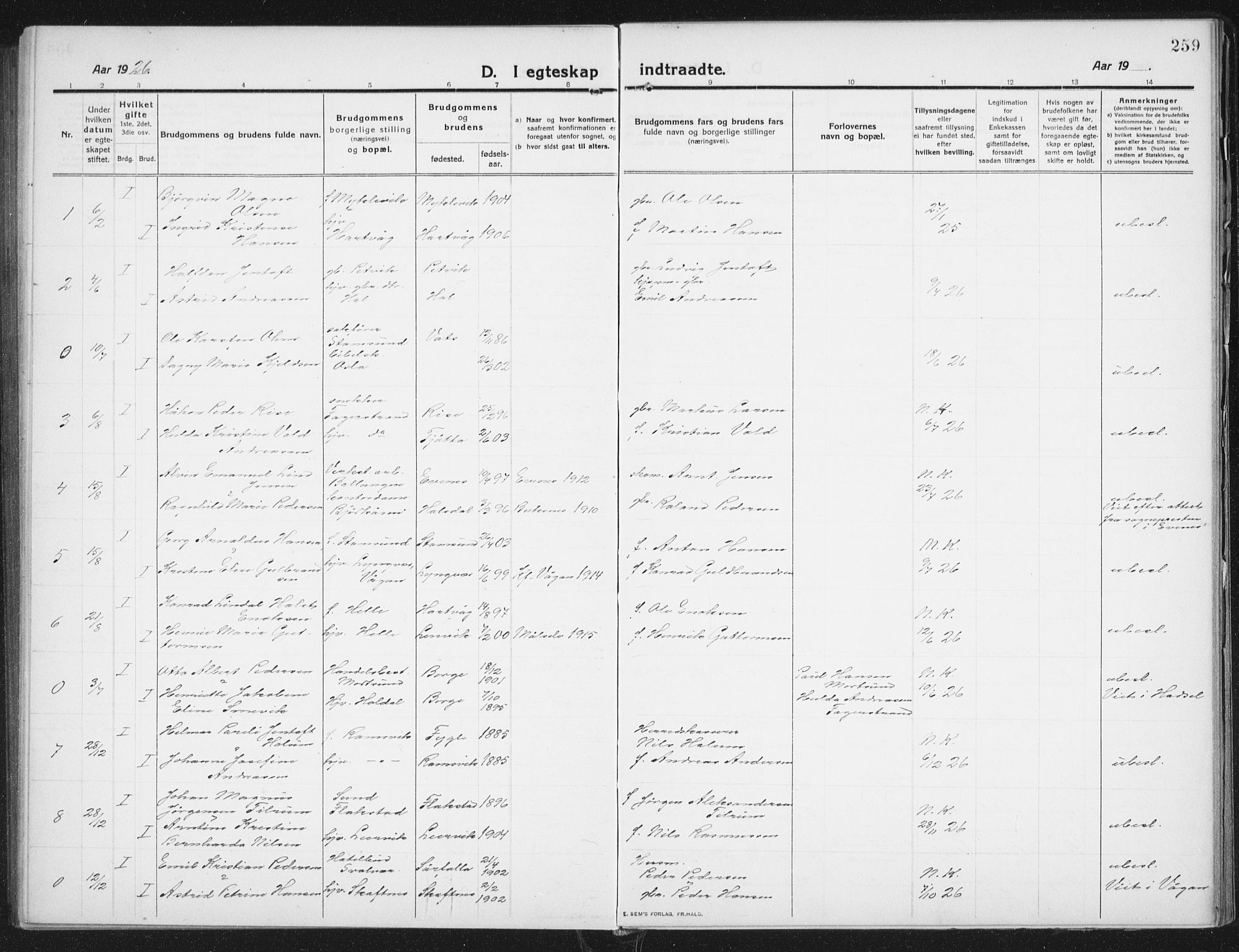 Ministerialprotokoller, klokkerbøker og fødselsregistre - Nordland, AV/SAT-A-1459/882/L1183: Parish register (copy) no. 882C01, 1911-1938, p. 259