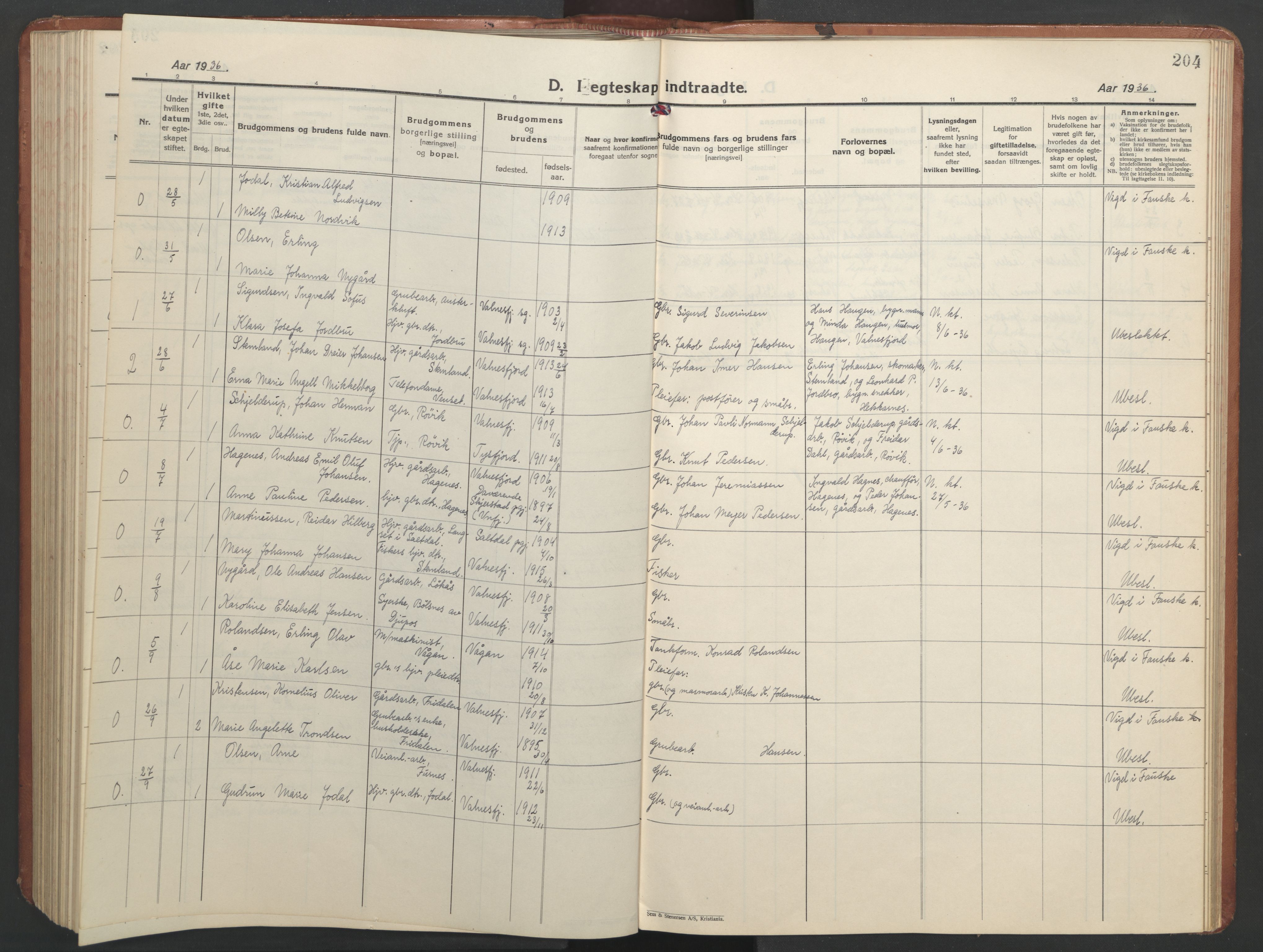 Ministerialprotokoller, klokkerbøker og fødselsregistre - Nordland, AV/SAT-A-1459/851/L0727: Parish register (copy) no. 851C02, 1925-1948, p. 204