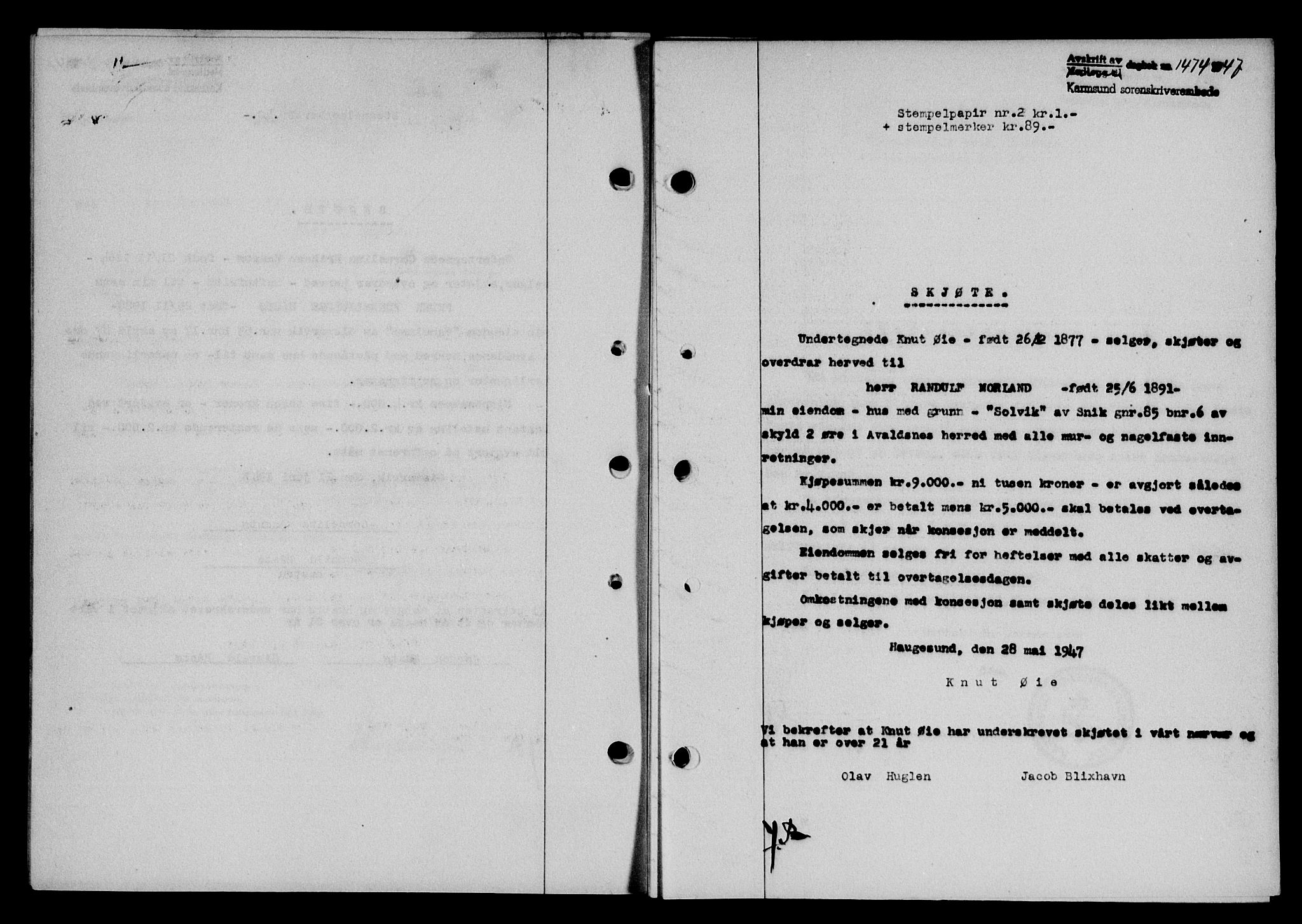 Karmsund sorenskriveri, SAST/A-100311/01/II/IIB/L0090: Mortgage book no. 70A, 1947-1947, Diary no: : 1474/1947