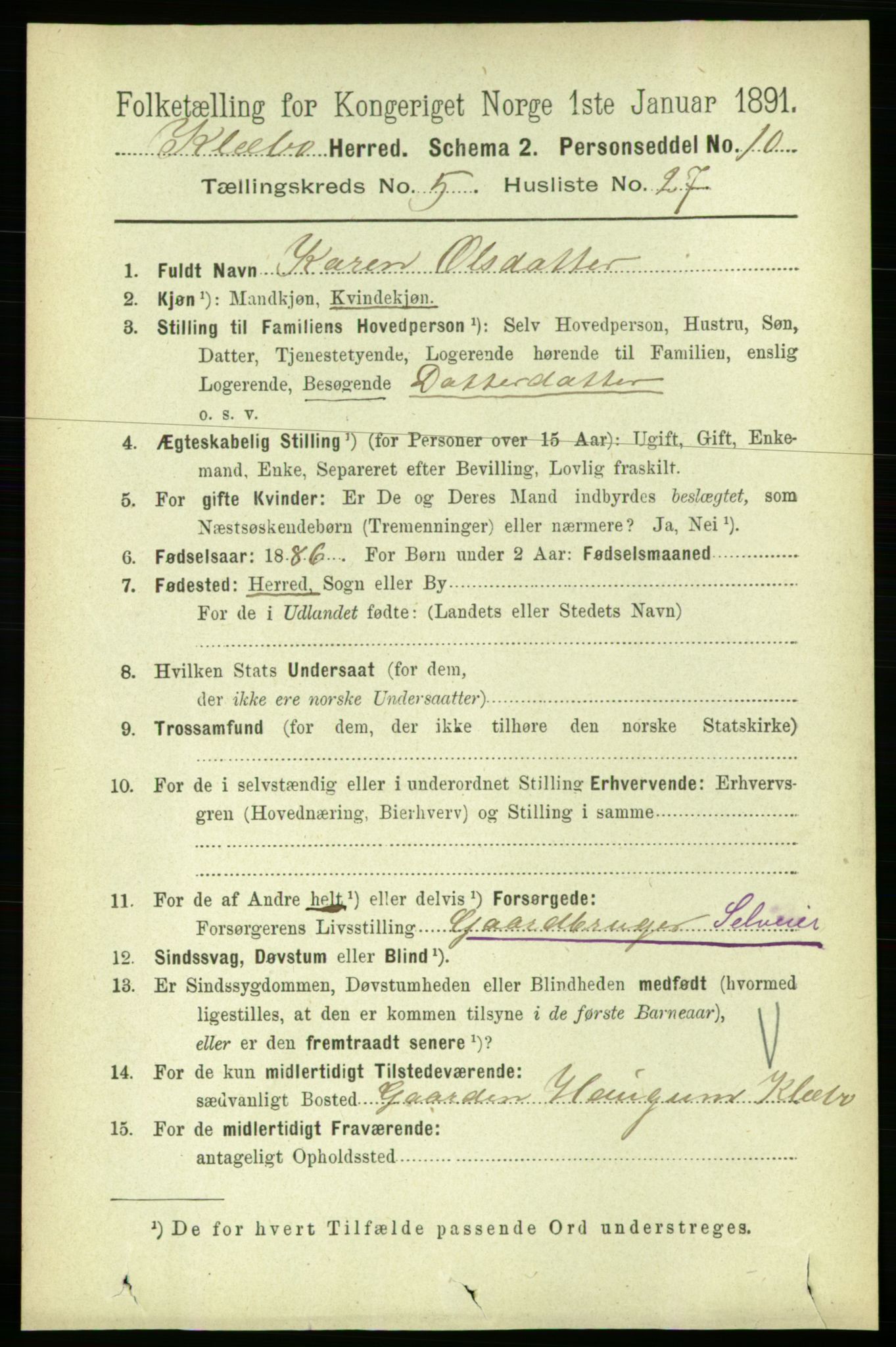 RA, 1891 census for 1662 Klæbu, 1891, p. 1200