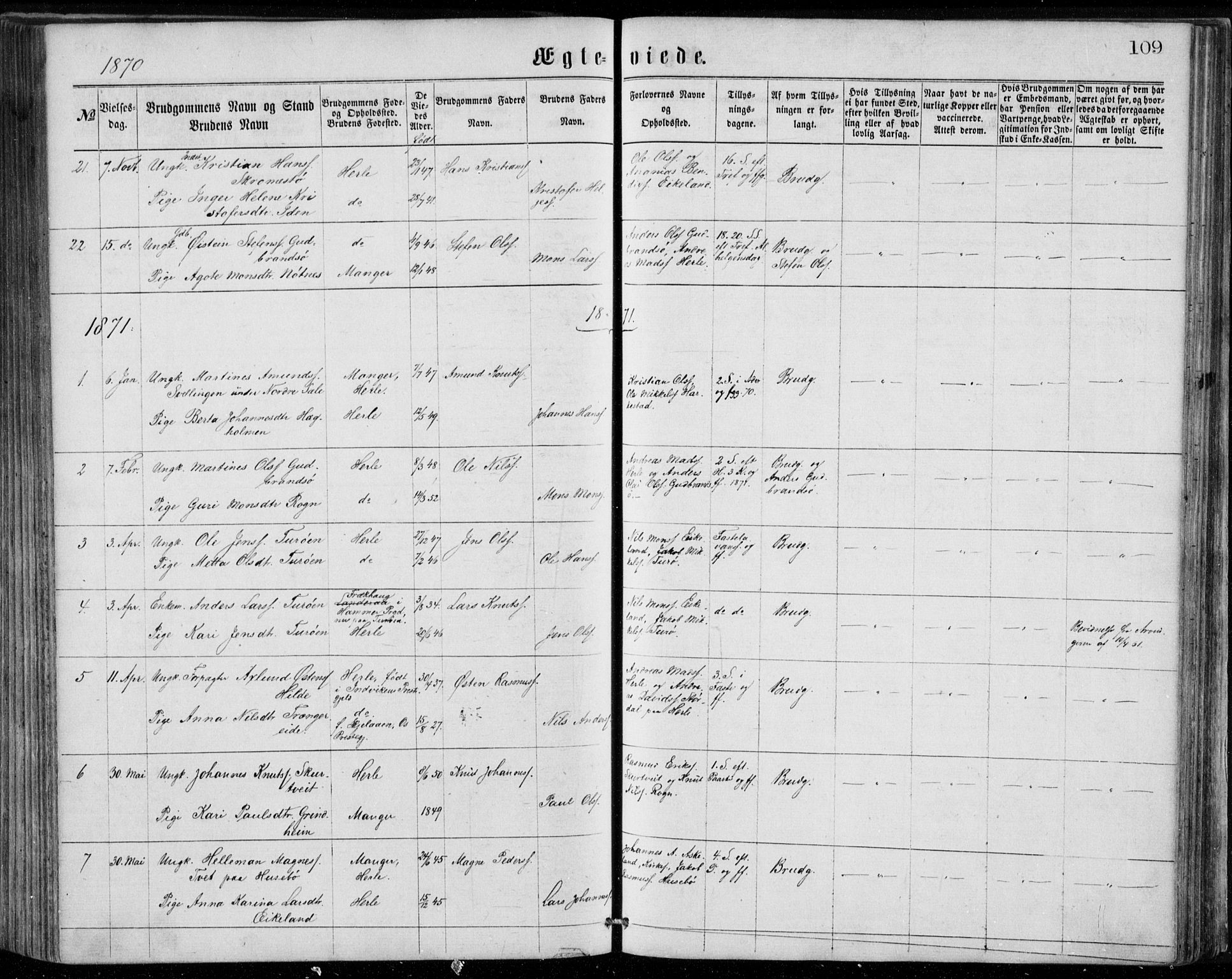 Herdla Sokneprestembete, SAB/A-75701/H/Haa: Parish register (official) no. A 2, 1869-1877, p. 109