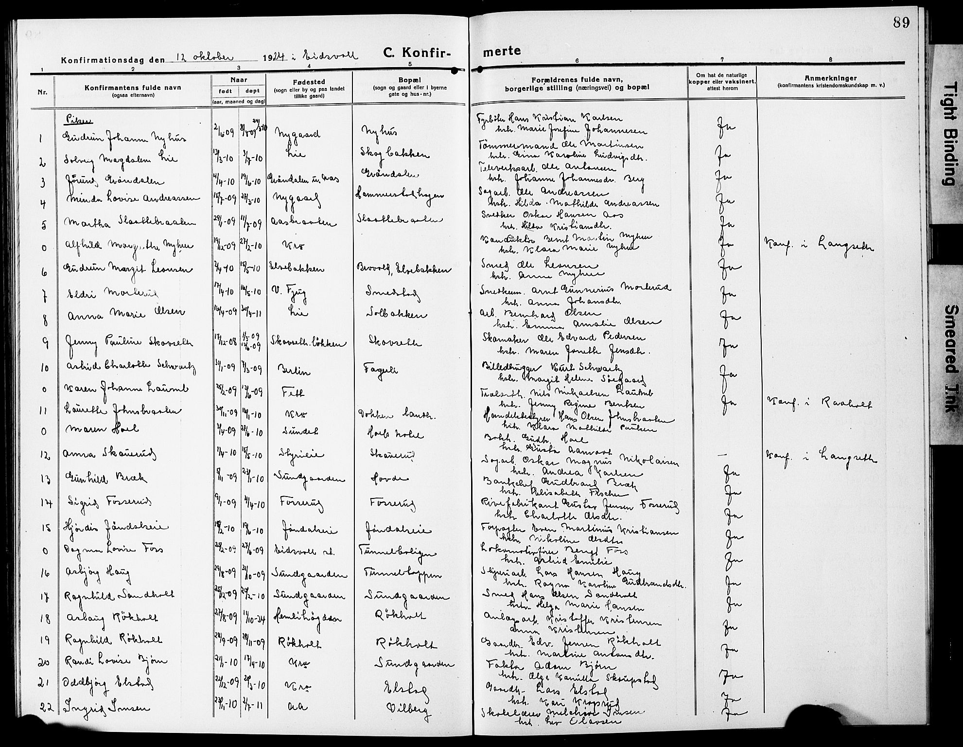 Eidsvoll prestekontor Kirkebøker, AV/SAO-A-10888/G/Ga/L0009: Parish register (copy) no. I 9, 1914-1927, p. 89