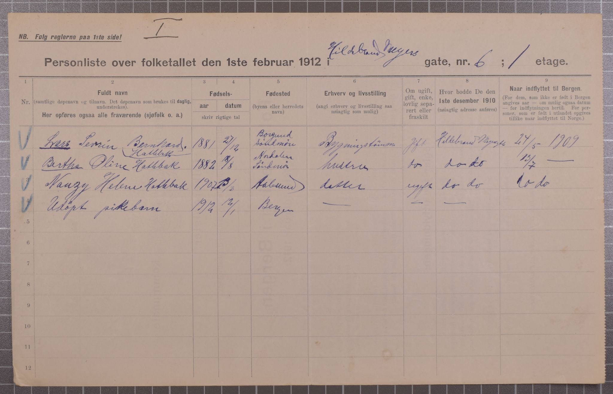 SAB, Municipal Census 1912 for Bergen, 1912, p. 3074