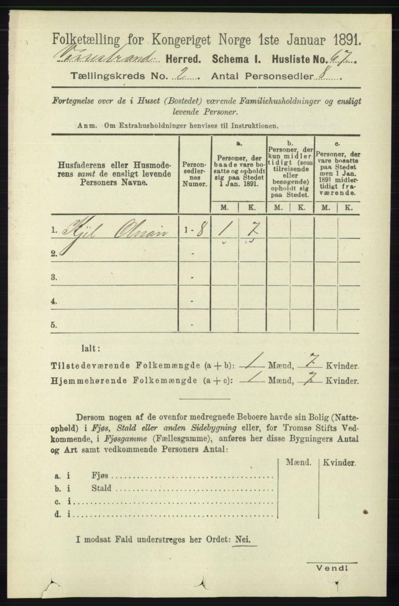 RA, 1891 census for 1236 Vossestrand, 1891, p. 708