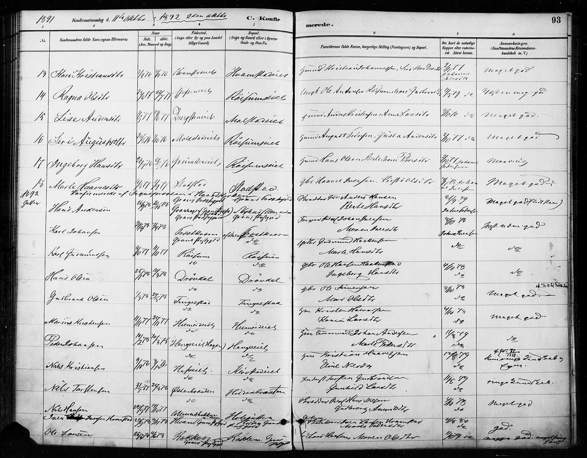 Gran prestekontor, SAH/PREST-112/H/Ha/Haa/L0018: Parish register (official) no. 18, 1889-1899, p. 93