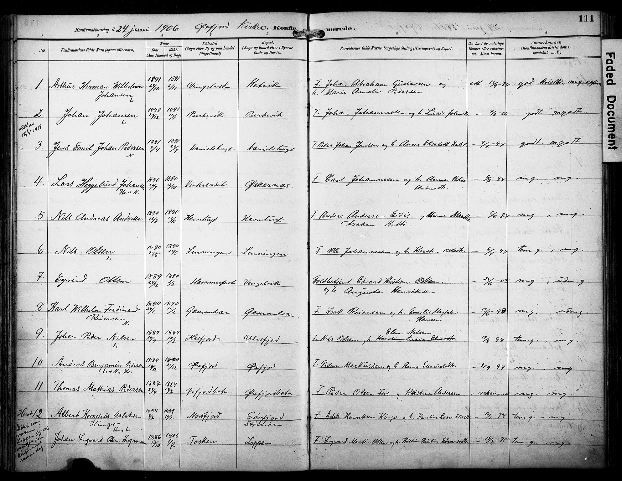 Loppa sokneprestkontor, SATØ/S-1339/H/Ha/L0009kirke: Parish register (official) no. 9, 1895-1909, p. 111
