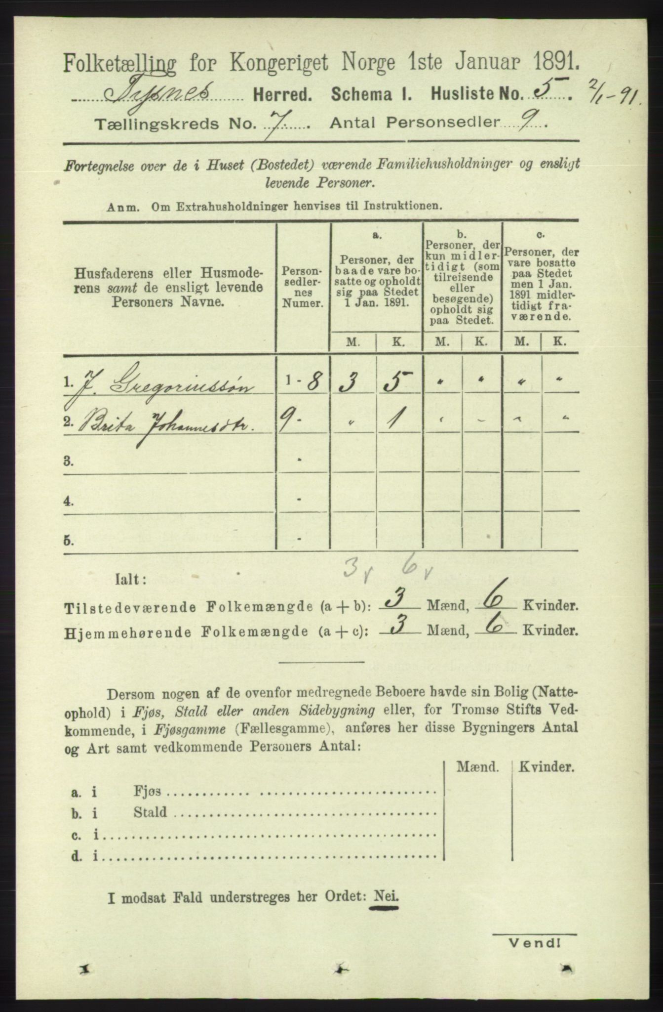 RA, 1891 census for 1223 Tysnes, 1891, p. 2765