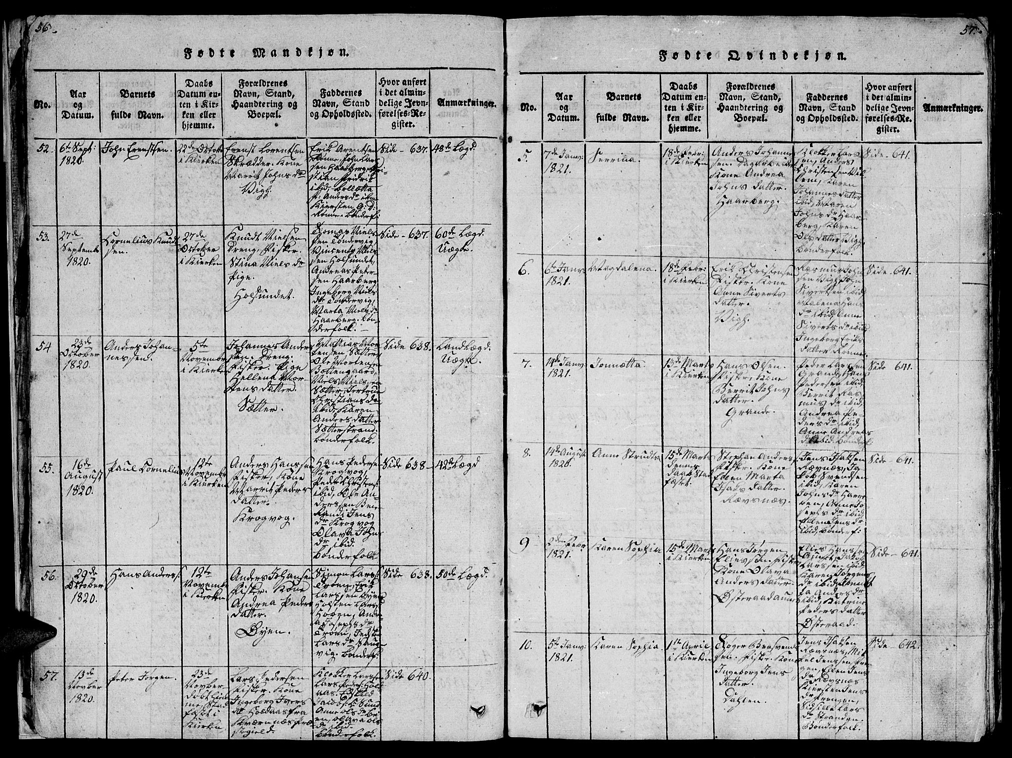 Ministerialprotokoller, klokkerbøker og fødselsregistre - Sør-Trøndelag, SAT/A-1456/659/L0744: Parish register (copy) no. 659C01, 1818-1825, p. 56-57
