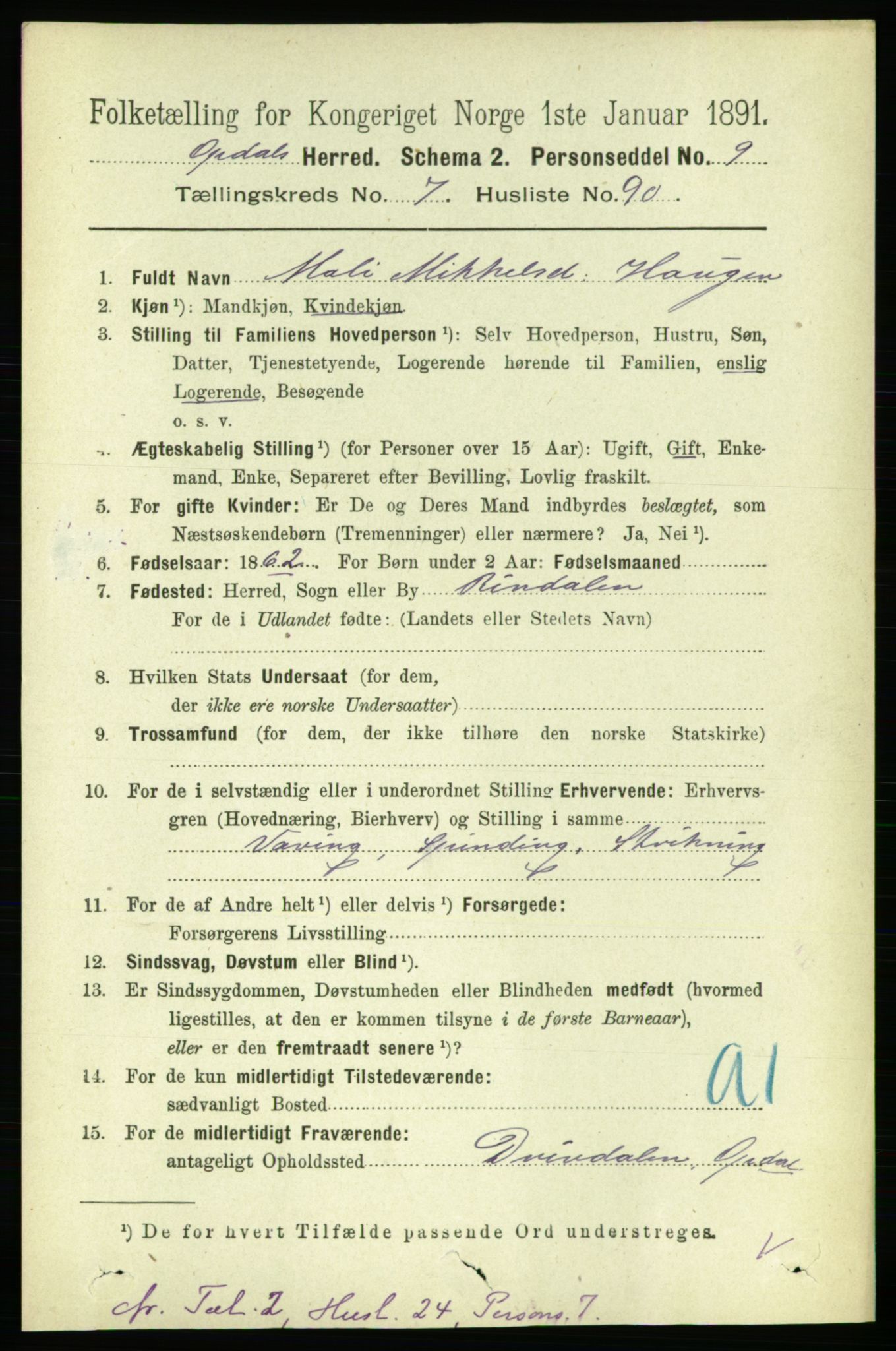 RA, 1891 census for 1634 Oppdal, 1891, p. 4046