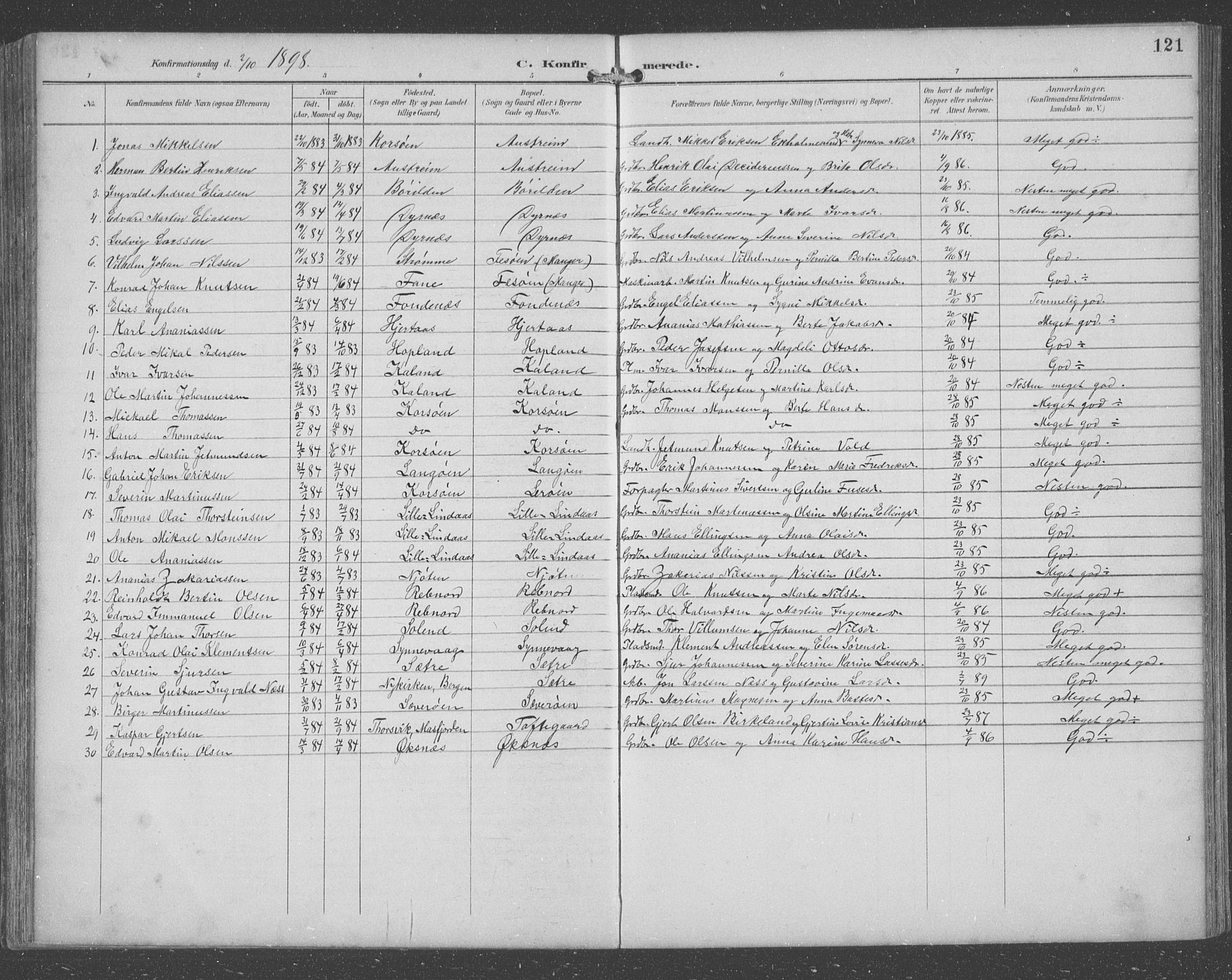 Lindås Sokneprestembete, SAB/A-76701/H/Hab: Parish register (copy) no. C 4, 1894-1910, p. 121