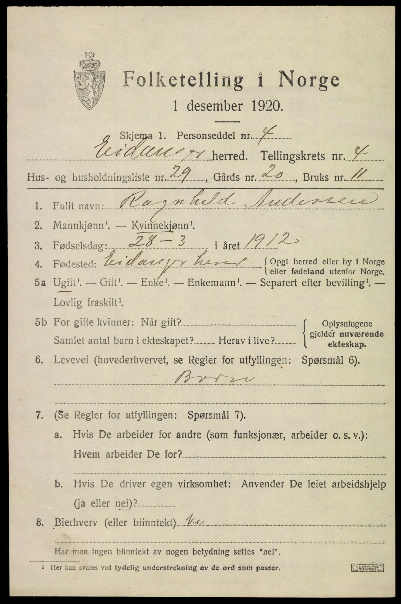 SAKO, 1920 census for Eidanger, 1920, p. 4106