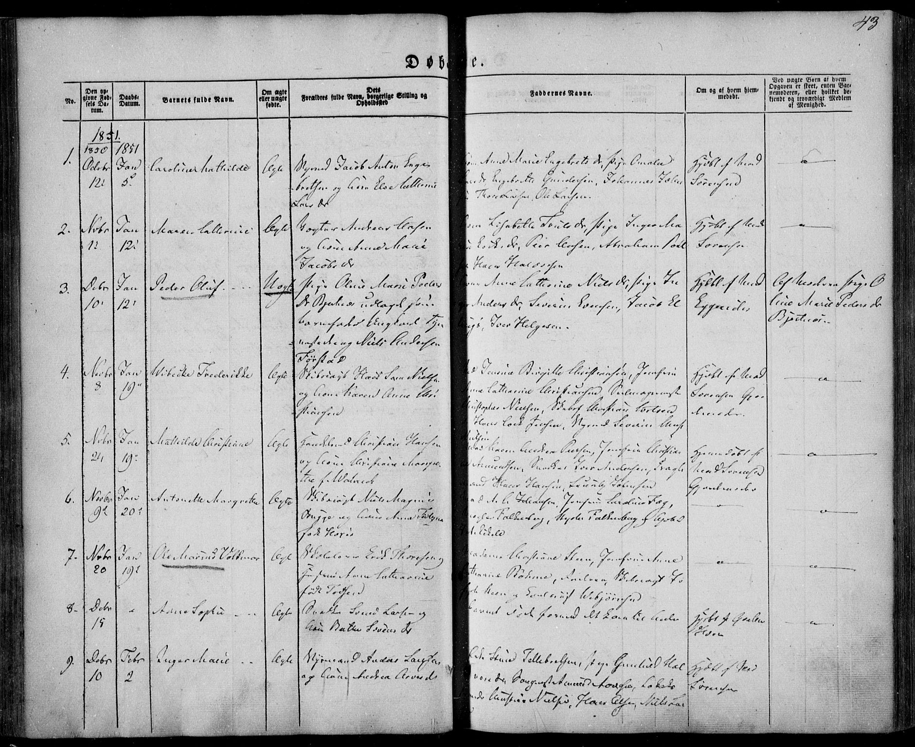 Larvik kirkebøker, SAKO/A-352/F/Fa/L0003: Parish register (official) no. I 3, 1848-1856, p. 43
