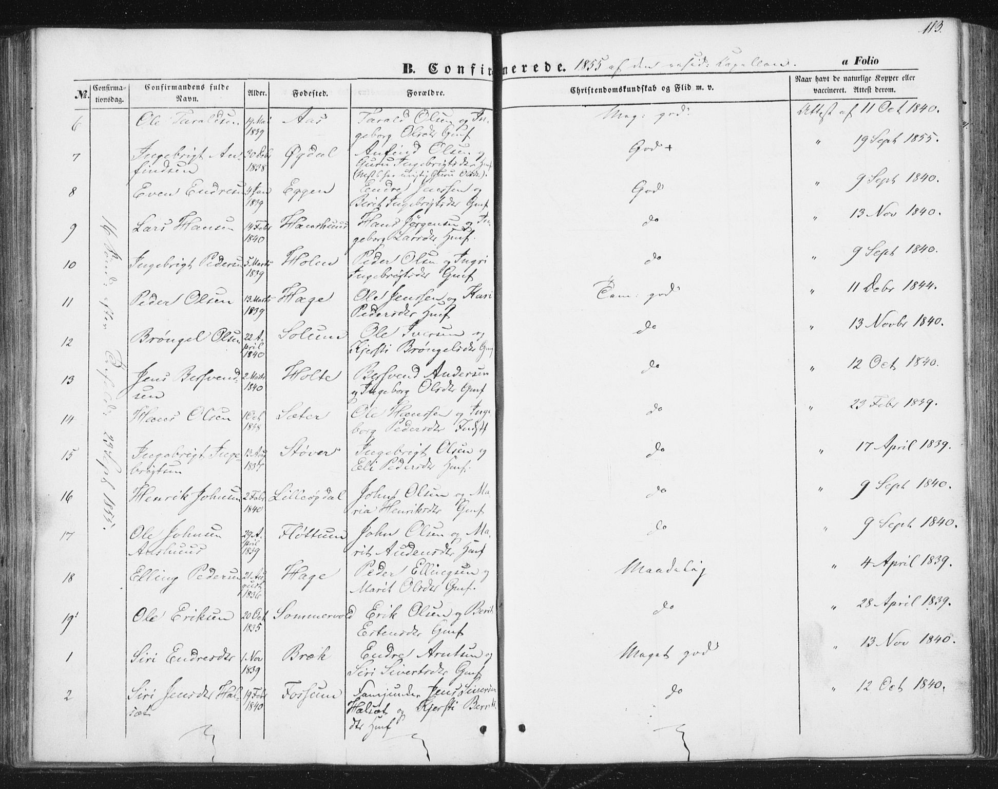 Ministerialprotokoller, klokkerbøker og fødselsregistre - Sør-Trøndelag, SAT/A-1456/689/L1038: Parish register (official) no. 689A03, 1848-1872, p. 113