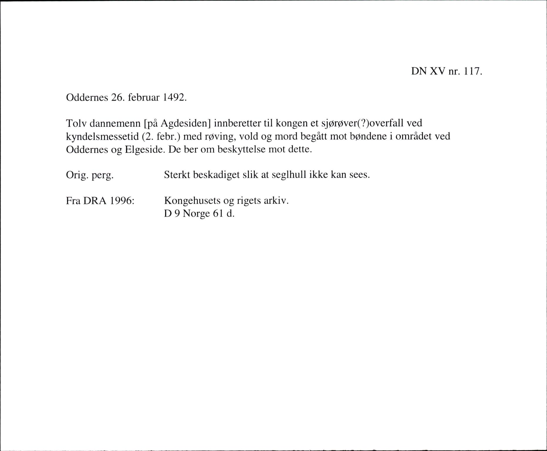 Riksarkivets diplomsamling, AV/RA-EA-5965/F35/F35f/L0001: Regestsedler: Diplomer fra DRA 1937 og 1996, p. 123