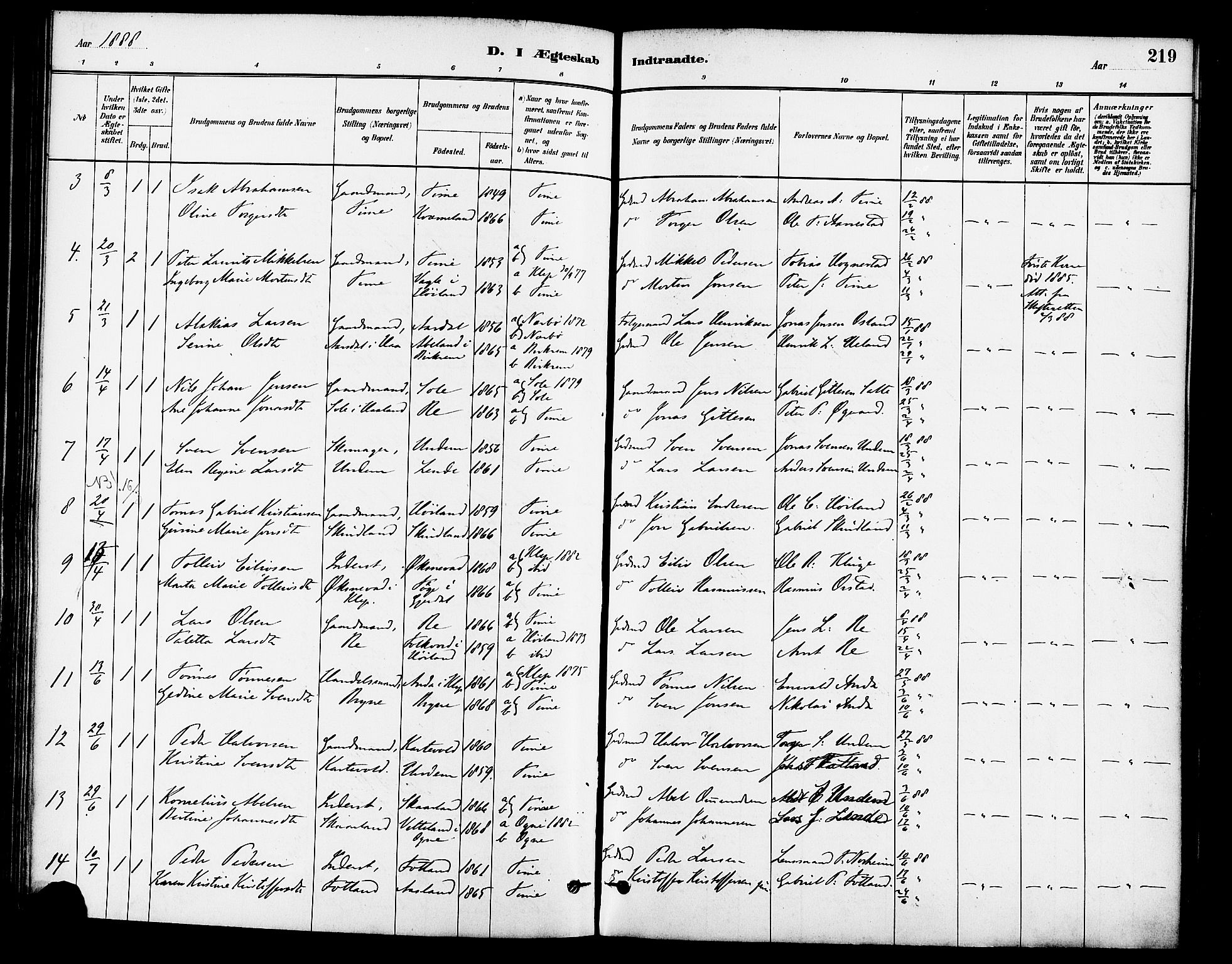 Lye sokneprestkontor, SAST/A-101794/001/30BA/L0009: Parish register (official) no. A 8, 1881-1892, p. 219