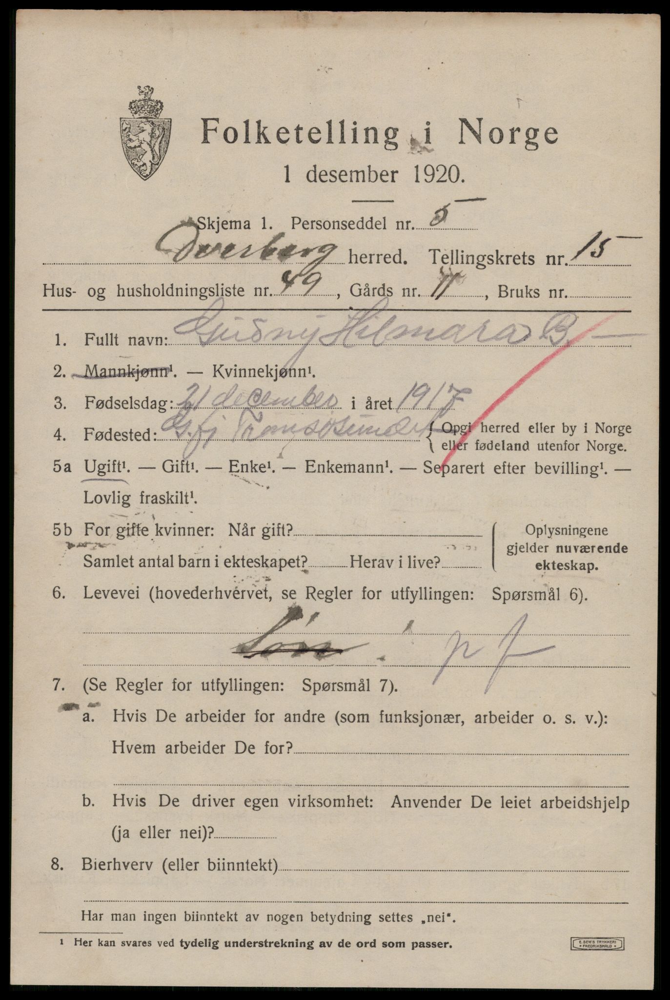 SAT, 1920 census for Dverberg, 1920, p. 11552