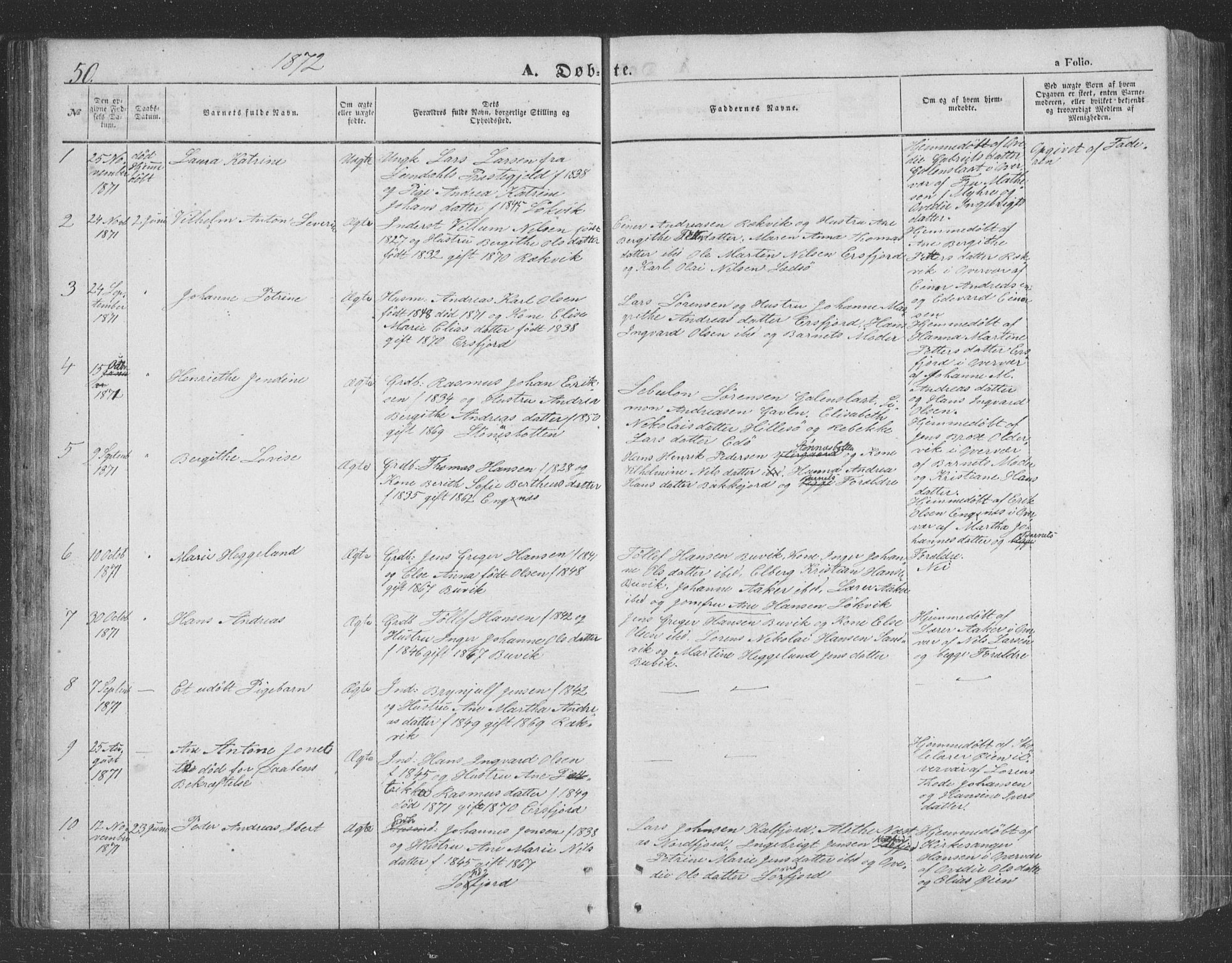 Lenvik sokneprestembete, SATØ/S-1310/H/Ha/Hab/L0020klokker: Parish register (copy) no. 20, 1855-1883, p. 50