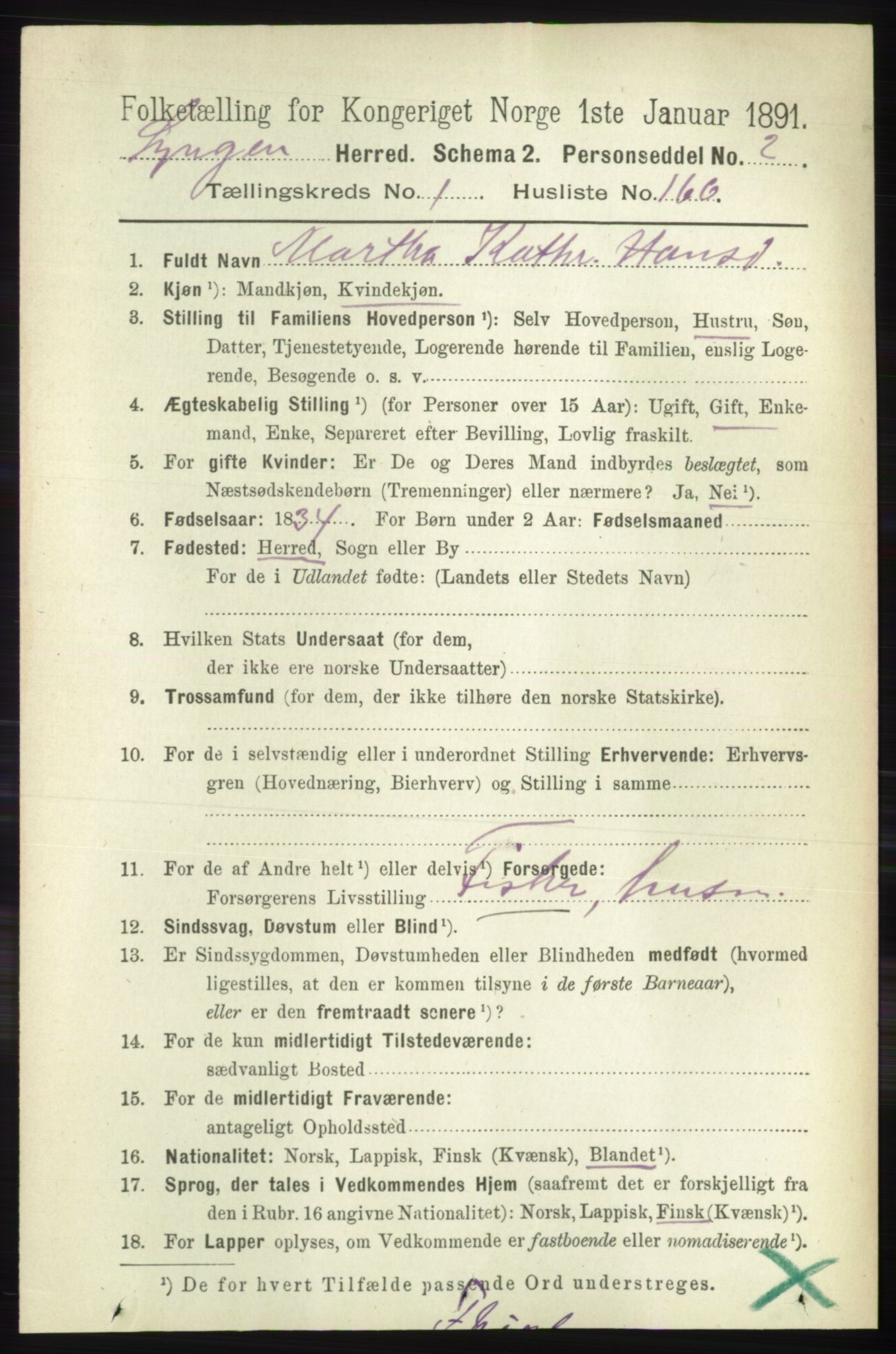 RA, 1891 census for 1938 Lyngen, 1891, p. 1379