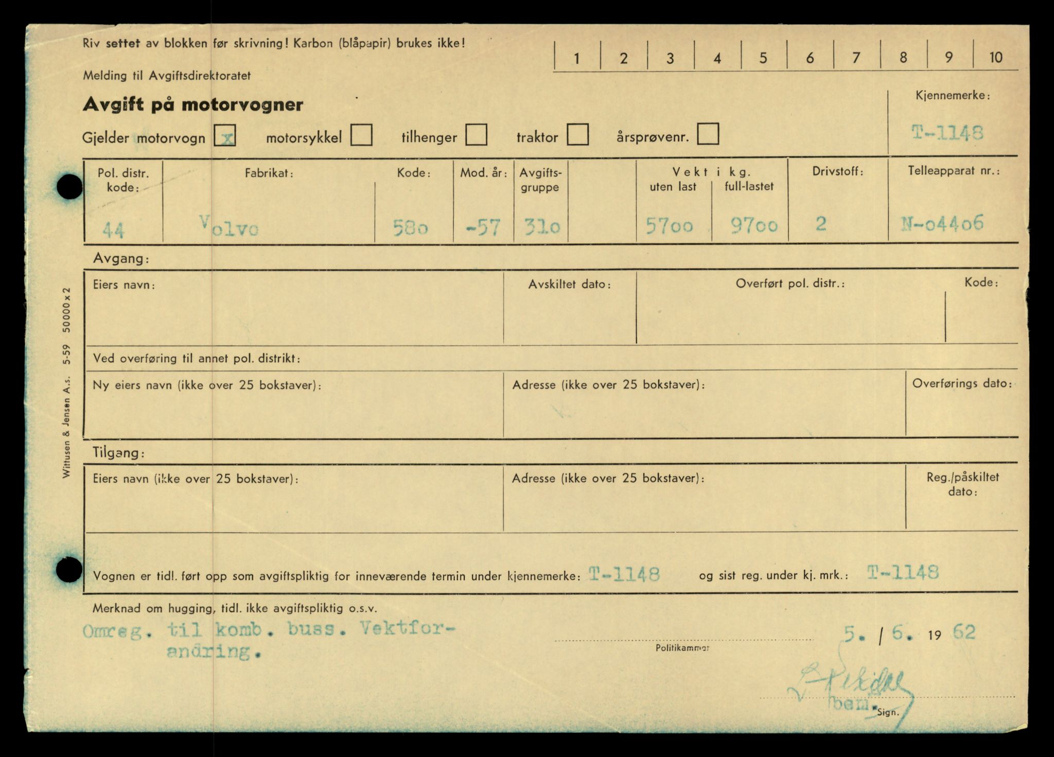 Møre og Romsdal vegkontor - Ålesund trafikkstasjon, SAT/A-4099/F/Fe/L0010: Registreringskort for kjøretøy T 1050 - T 1169, 1927-1998, p. 2795