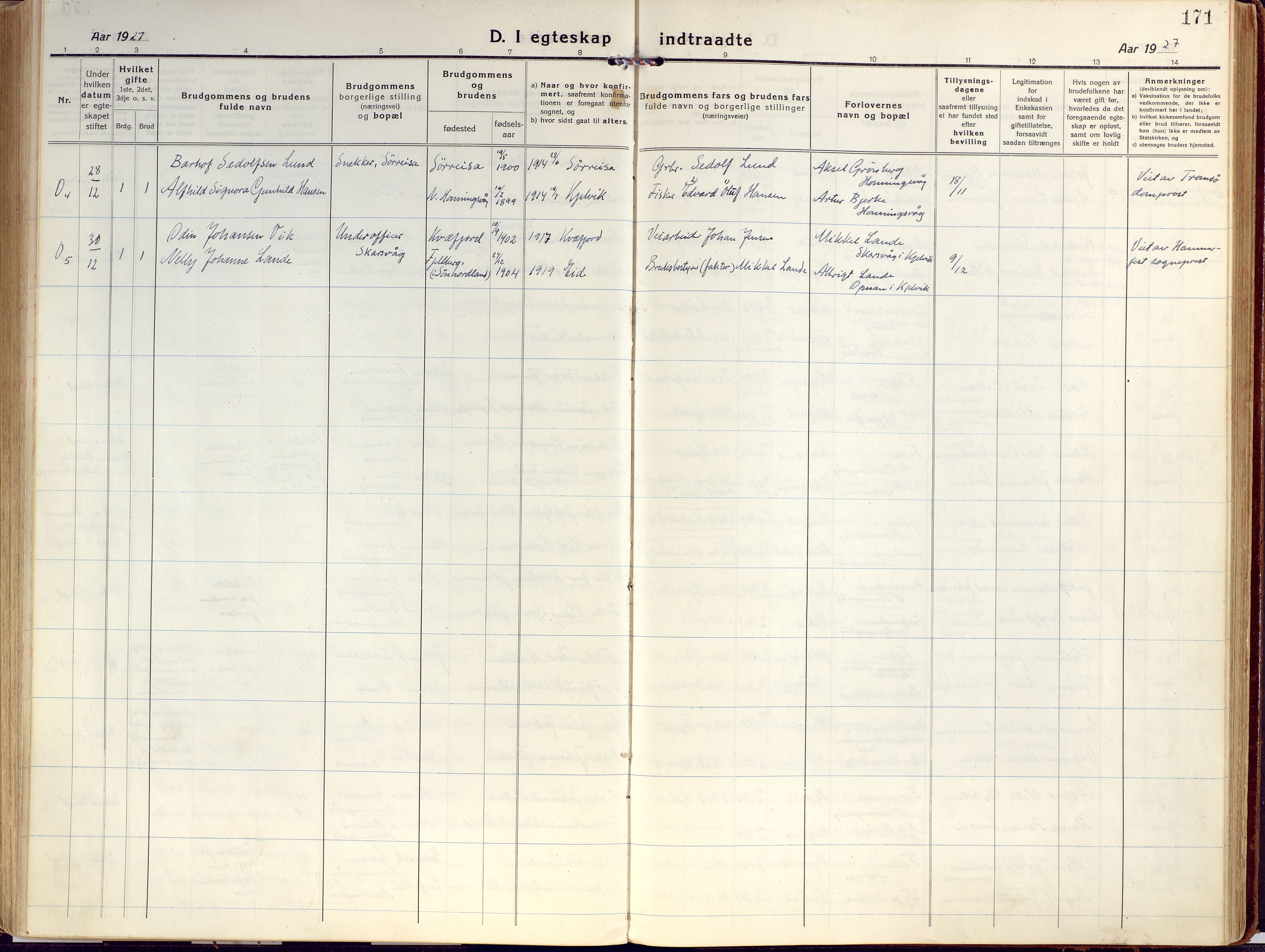 Kjelvik/Nordkapp sokneprestkontor, SATØ/S-1350/H/Ha/L0002kirke: Parish register (official) no. 2, 1920-1929, p. 171