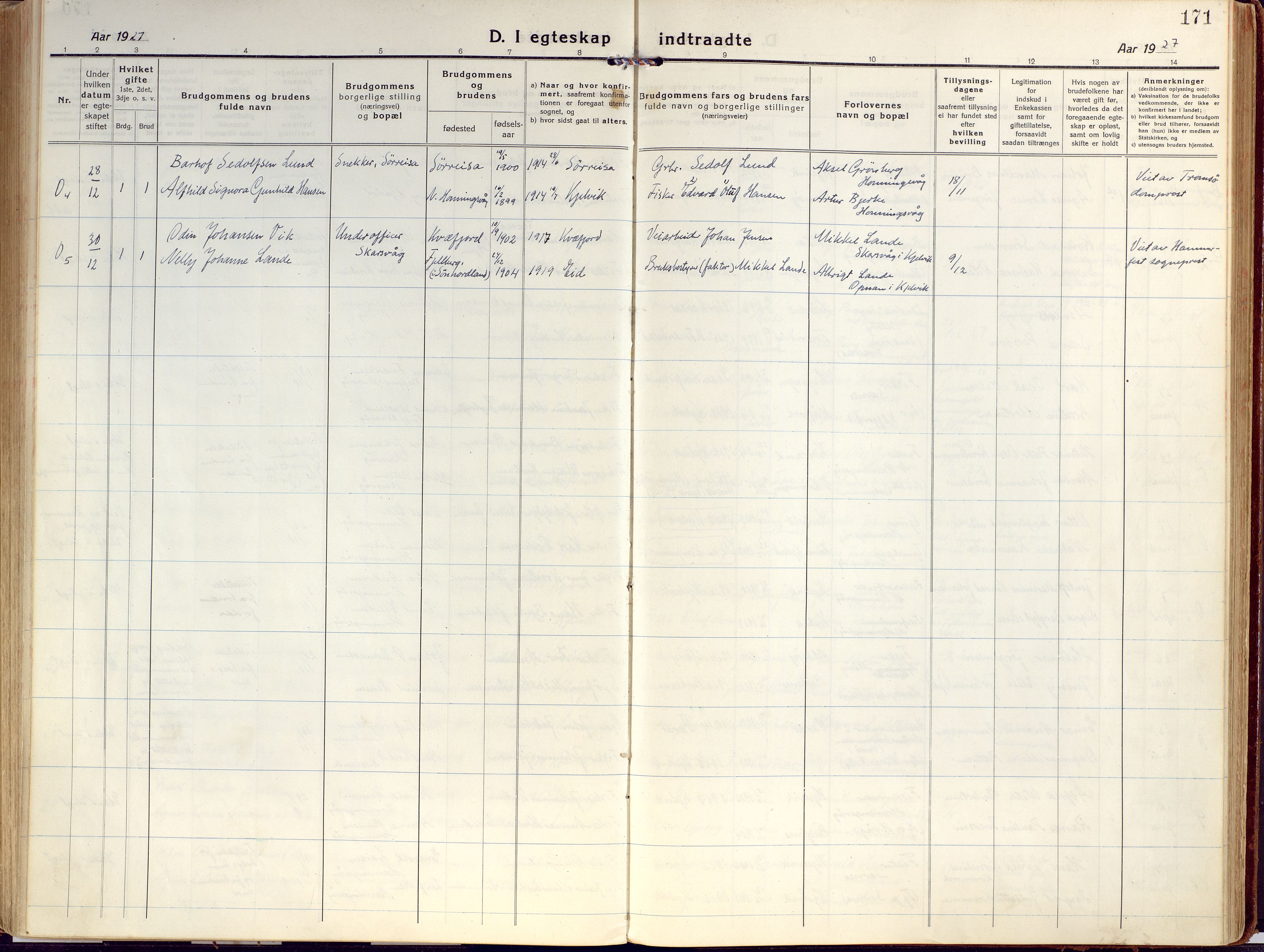 Kjelvik/Nordkapp sokneprestkontor, AV/SATØ-S-1350/H/Ha/L0002kirke: Parish register (official) no. 2, 1920-1929, p. 171