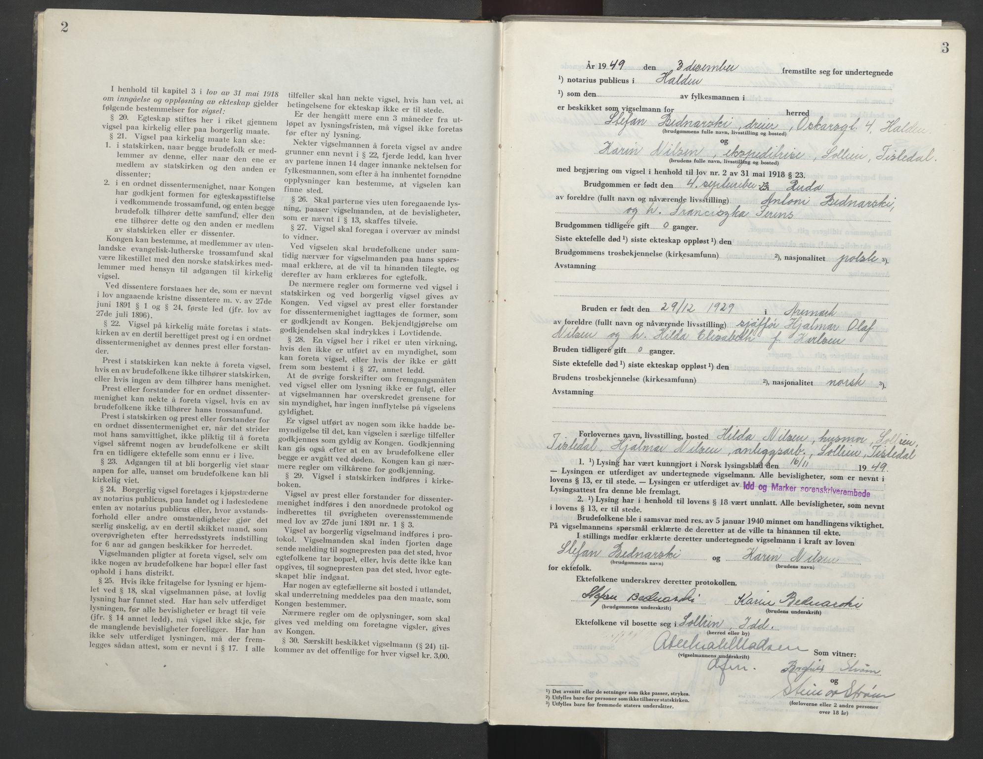 Idd og Marker sorenskriveri, AV/SAO-A-10283/L/Lc/L0002: Vigselsbok, 1949-1954, p. 2-3