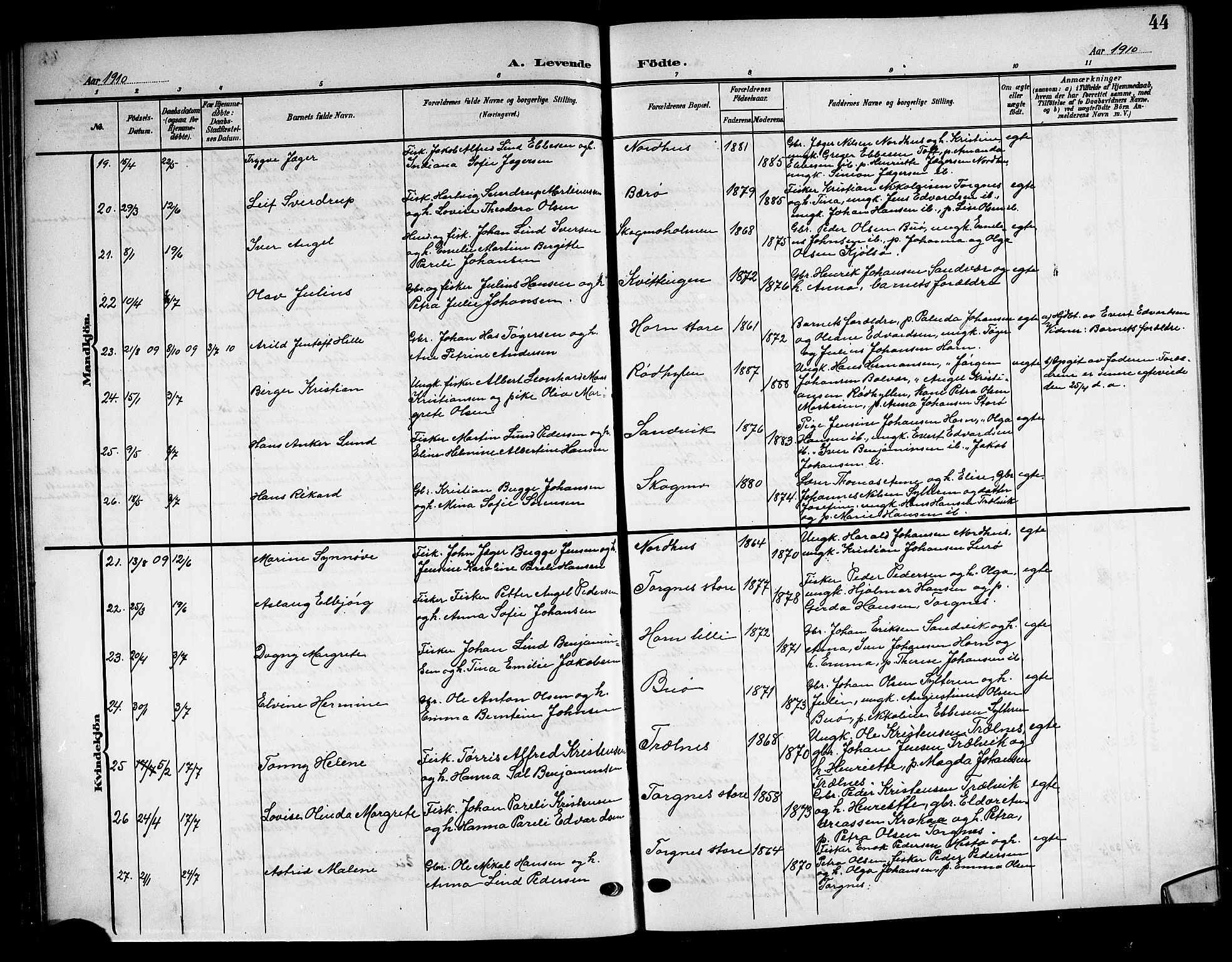 Ministerialprotokoller, klokkerbøker og fødselsregistre - Nordland, SAT/A-1459/813/L0214: Parish register (copy) no. 813C06, 1904-1917, p. 44