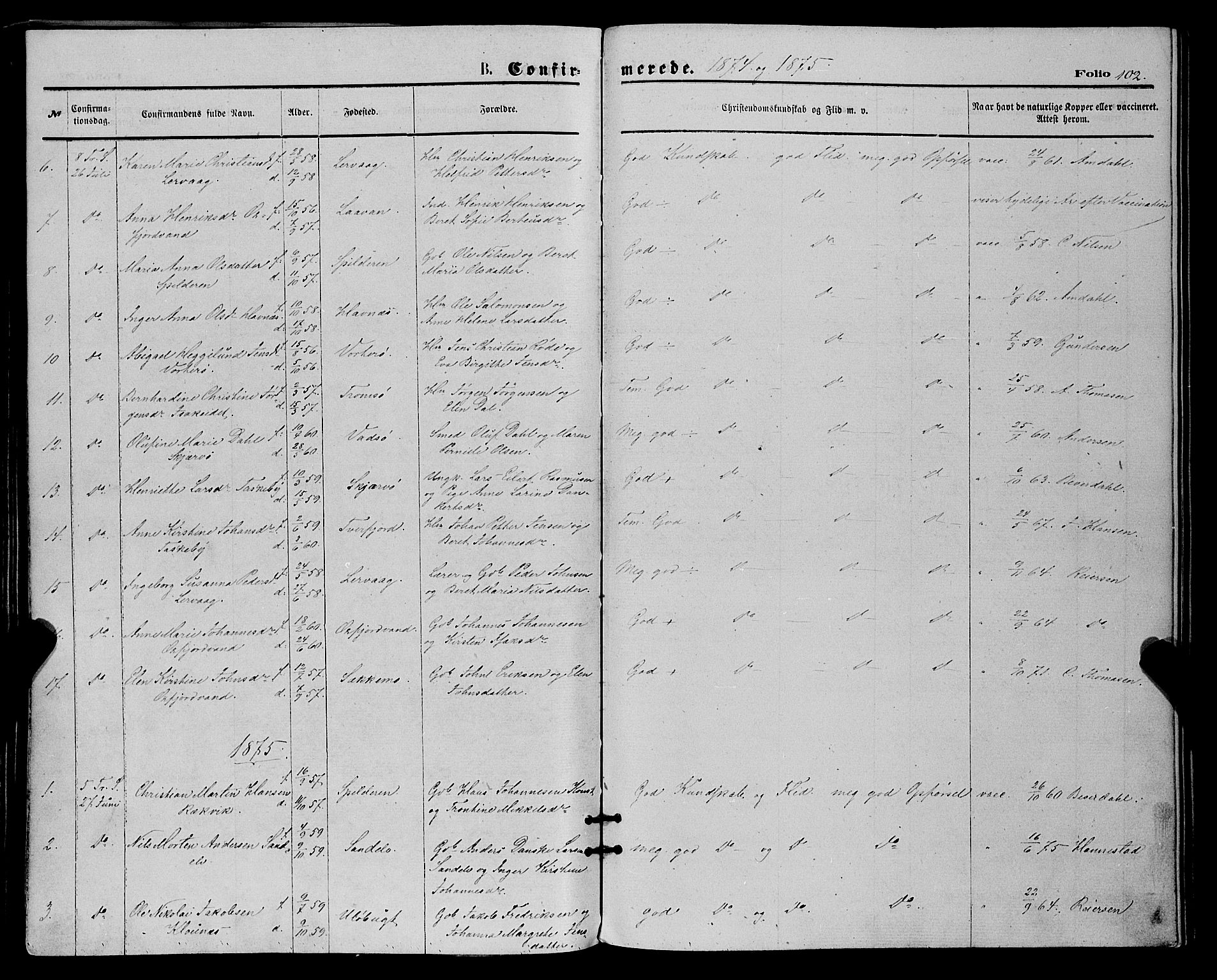 Skjervøy sokneprestkontor, SATØ/S-1300/H/Ha/Haa/L0008kirke: Parish register (official) no. 8, 1871-1877, p. 102
