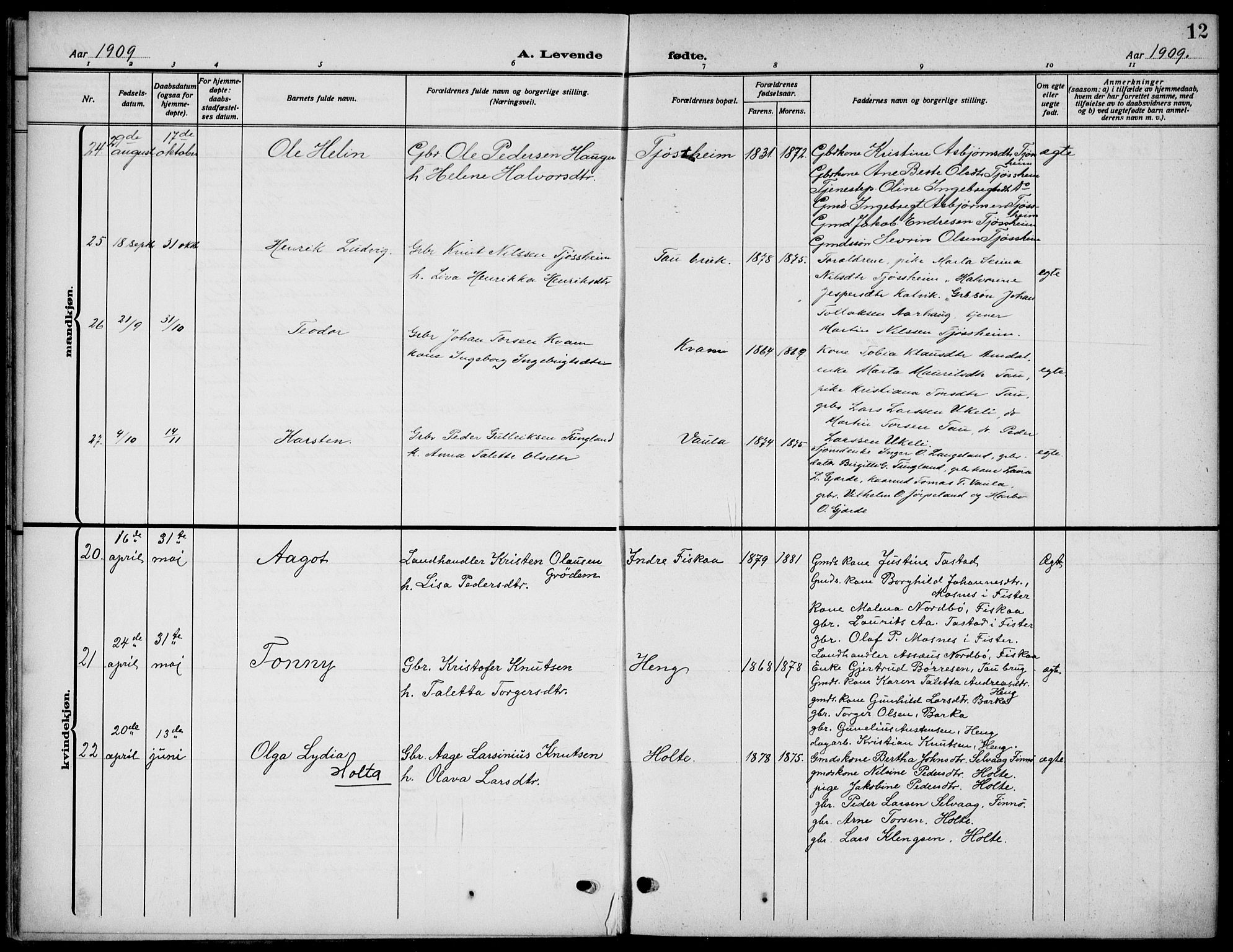 Strand sokneprestkontor, SAST/A-101828/H/Ha/Haa/L0011: Parish register (official) no. A 11, 1908-1930, p. 12