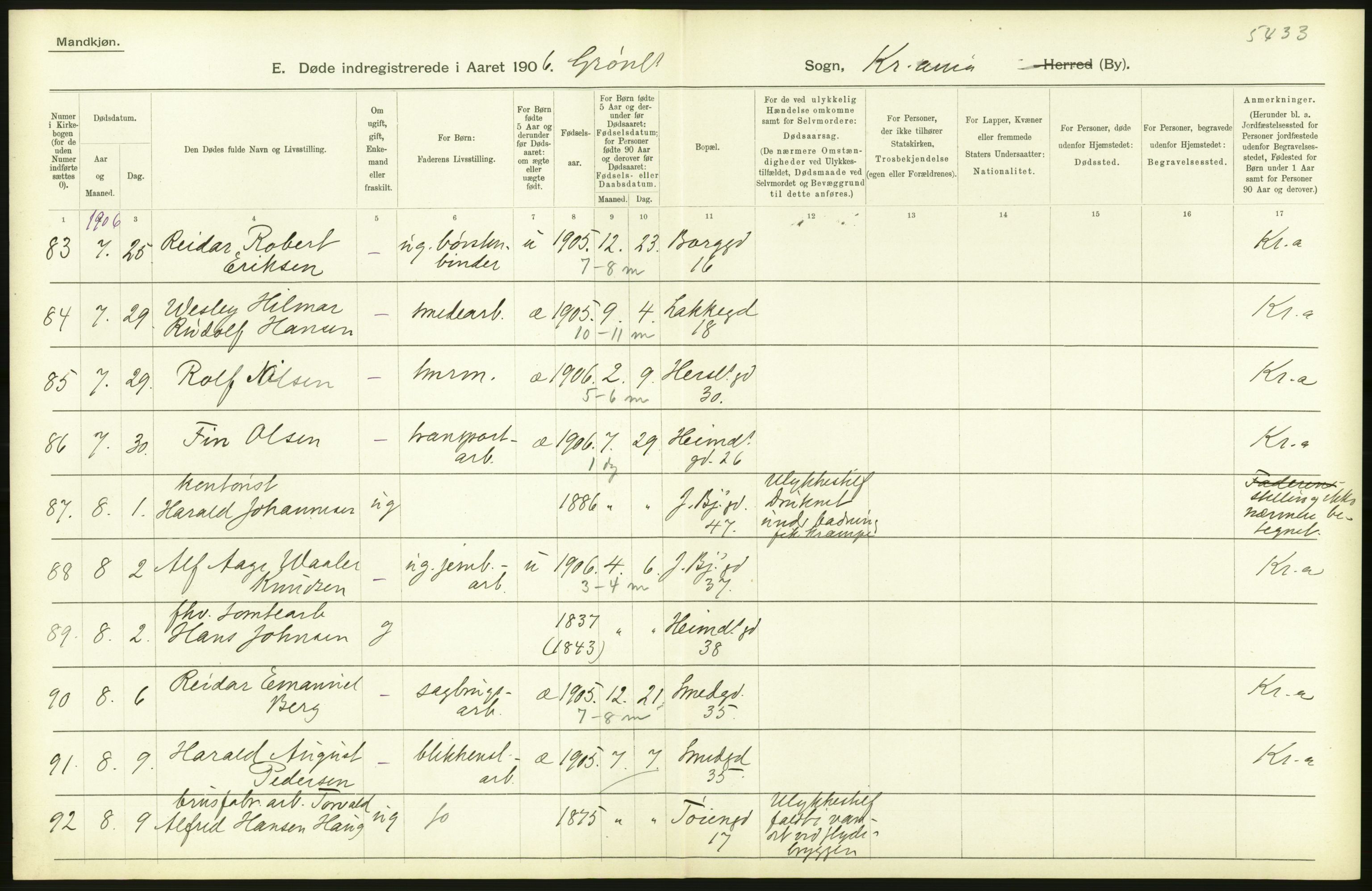 Statistisk sentralbyrå, Sosiodemografiske emner, Befolkning, AV/RA-S-2228/D/Df/Dfa/Dfad/L0009: Kristiania: Døde, 1906, p. 52