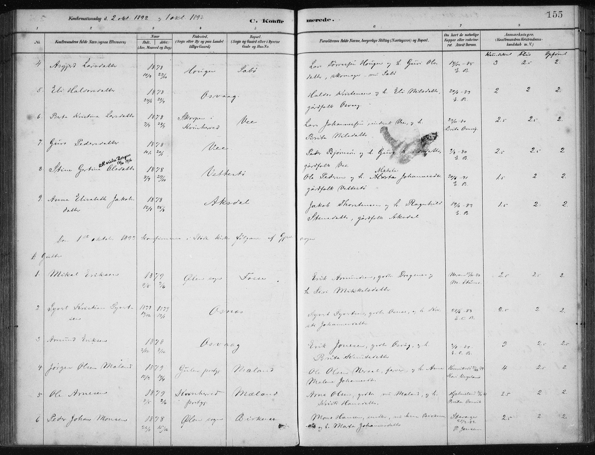 Etne sokneprestembete, AV/SAB-A-75001/H/Haa: Parish register (official) no. C  1, 1879-1919, p. 155