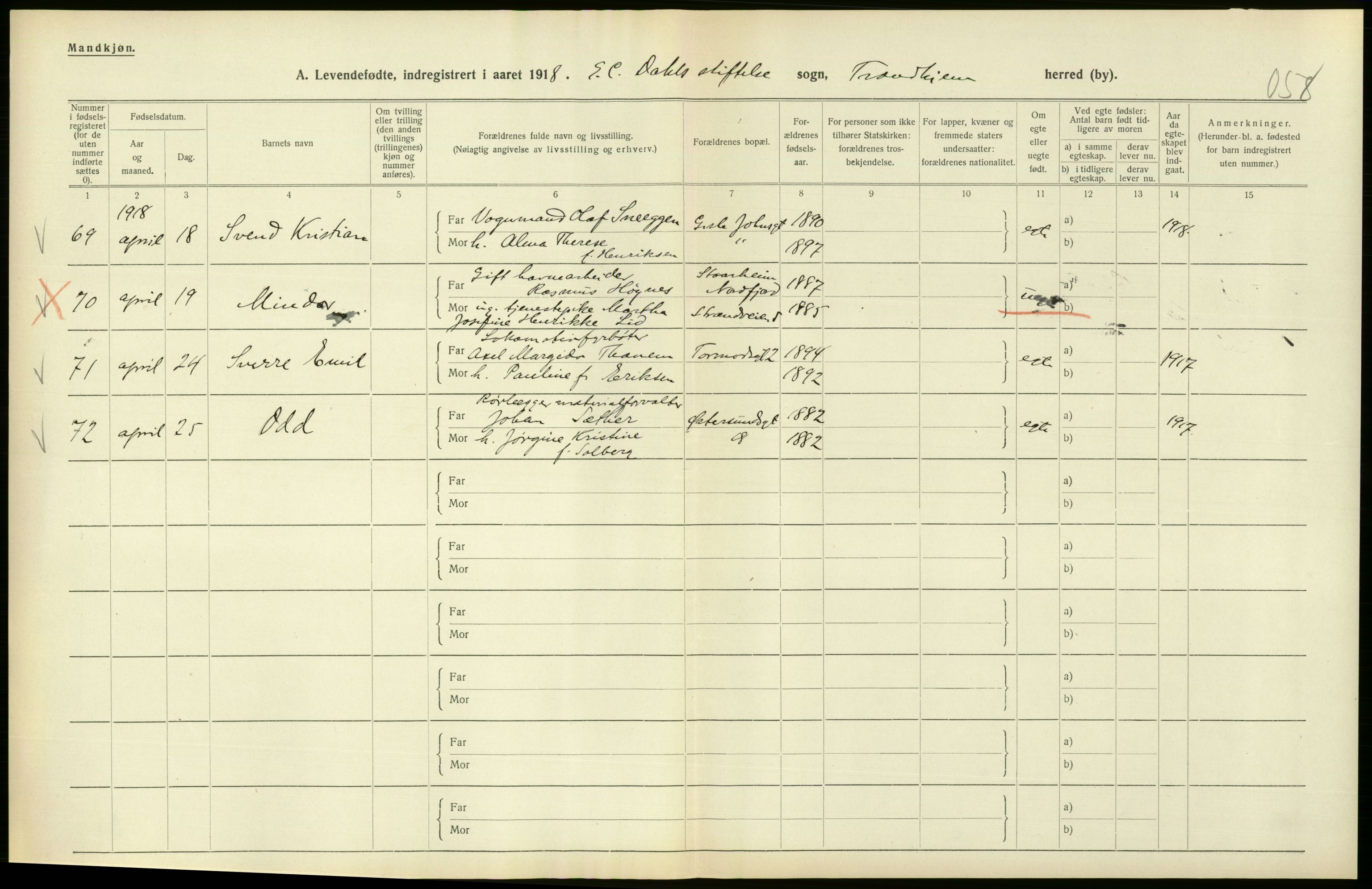 Statistisk sentralbyrå, Sosiodemografiske emner, Befolkning, RA/S-2228/D/Df/Dfb/Dfbh/L0048: Trondheim: Levendefødte menn og kvinner, gifte., 1918, p. 458