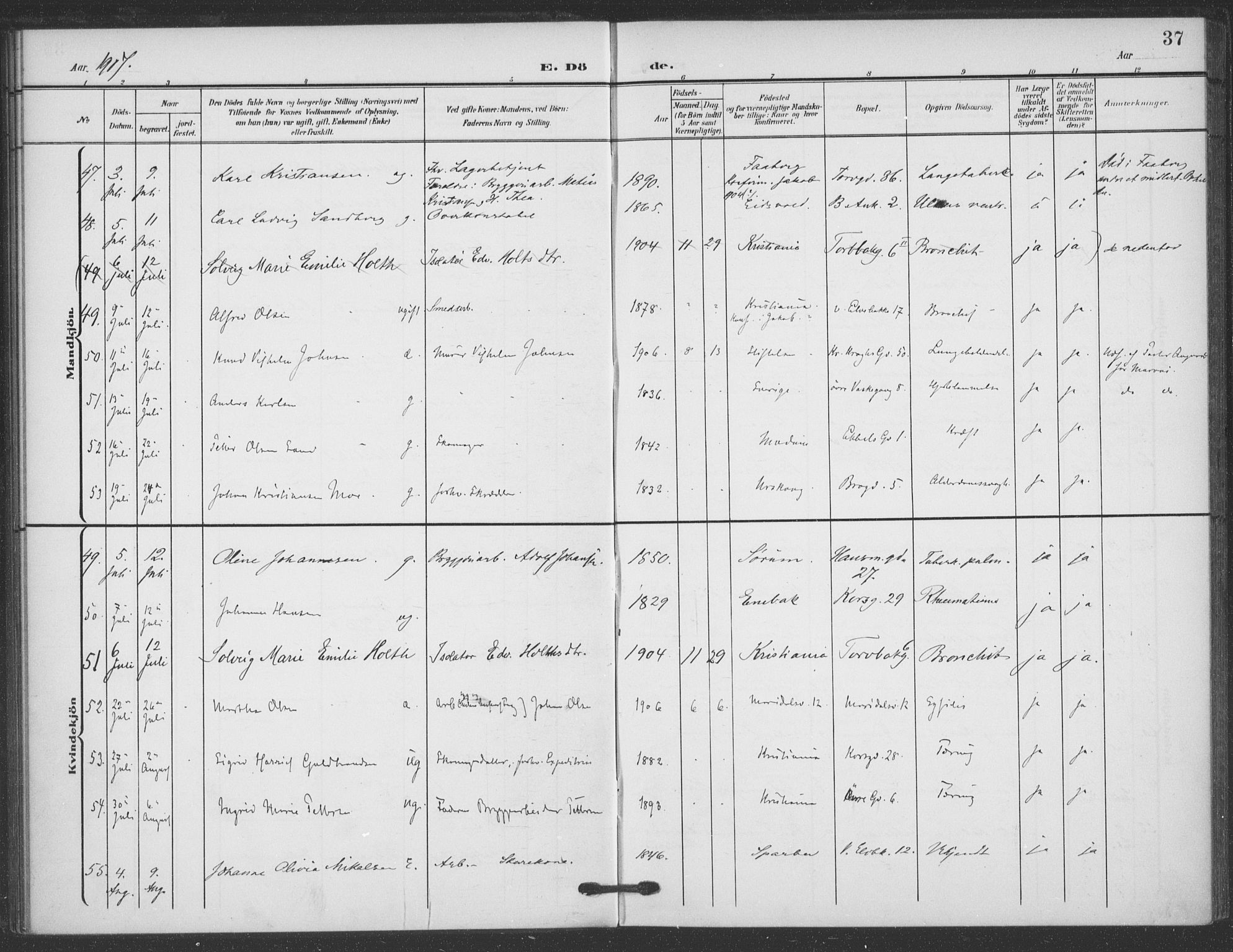 Jakob prestekontor Kirkebøker, AV/SAO-A-10850/F/Fa/L0011: Parish register (official) no. 11, 1906-1920, p. 37